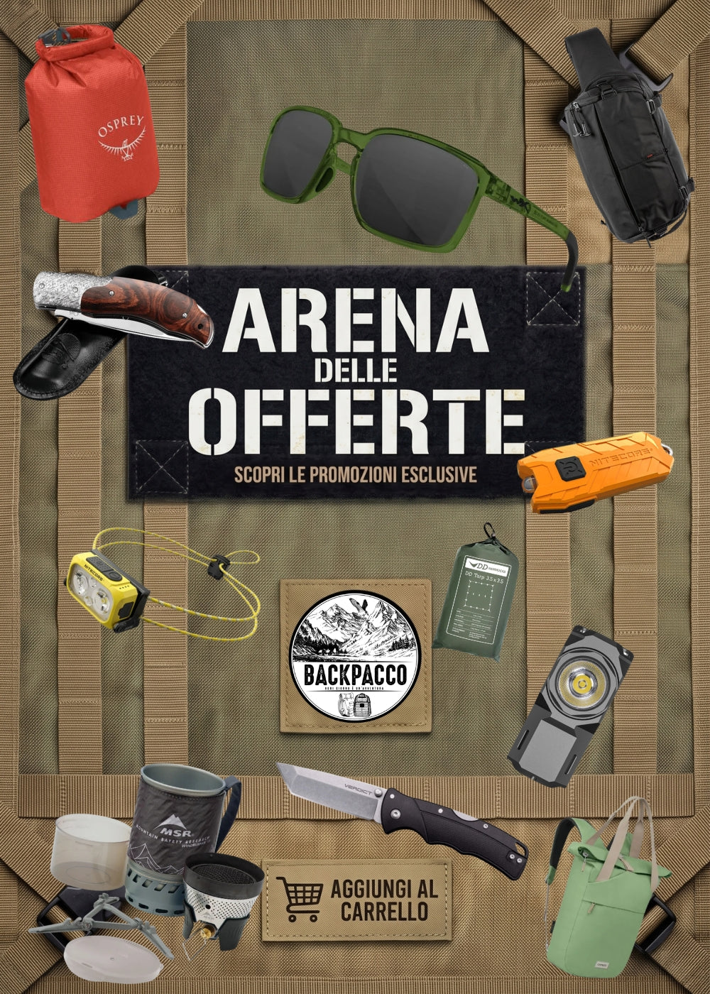 Backpacco Arena delle Offerte banner promozionale con selezione di equipaggiamento outdoor e tattico tra cui zaini, coltelli pieghevoli, fornello da campeggio MSR, torce frontali e compatti, occhiali da sole e sacca stagna Osprey disposti su sfondo con passanti MOLLE