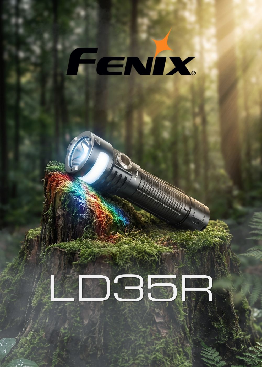 Fenix LD35R torcia LED tattica e outdoor ricaricabile con fascio luminoso principale e luce laterale multifunzione appoggiata su un tronco muschiato in ambiente boschivo