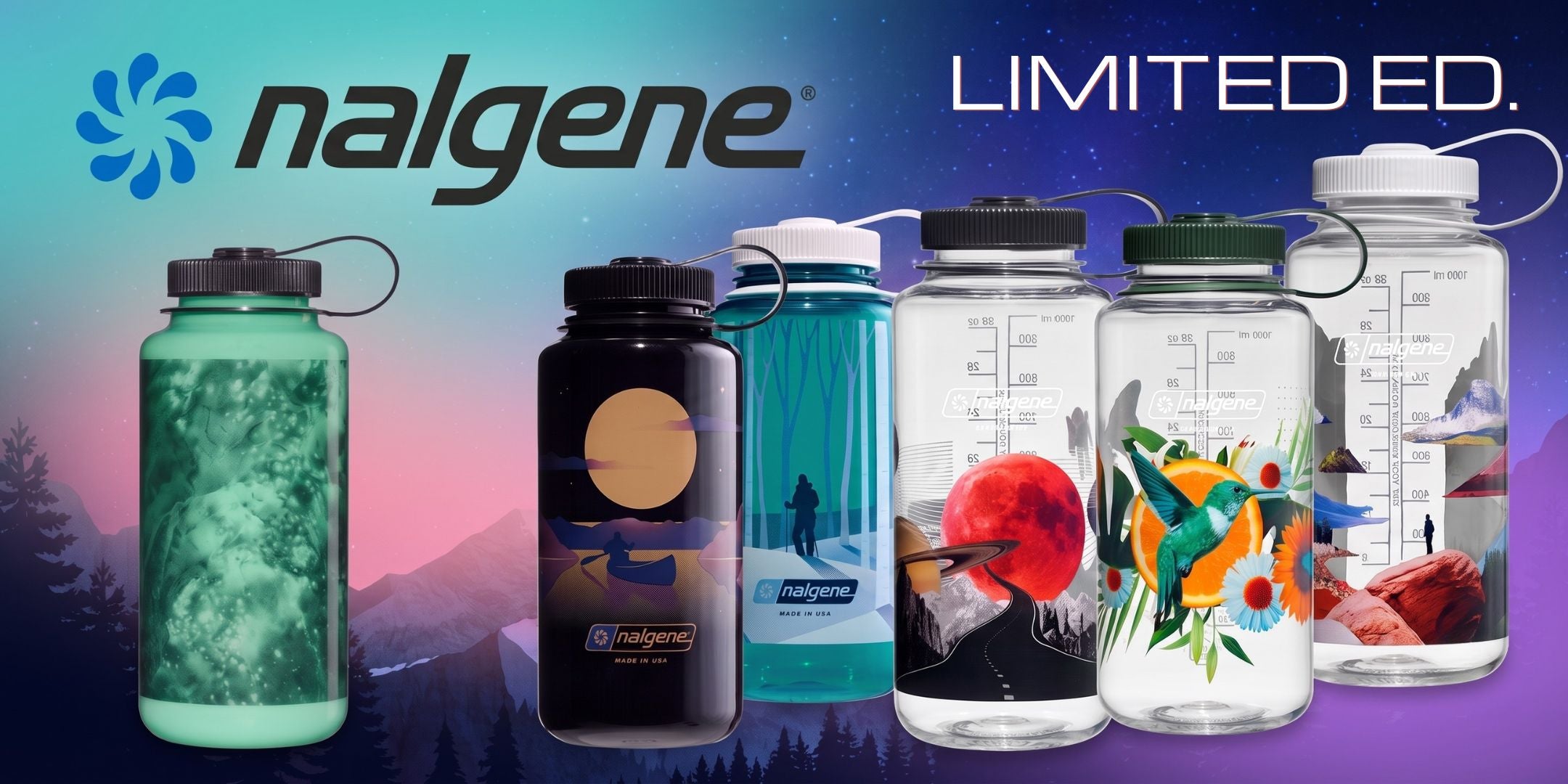 Nalgene Borracce Wide Mouth 1 Litro set di bottiglie a bocca larga con diverse stampe grafiche illustrate a tema paesaggi ed elementi naturali collezione Limited Edition