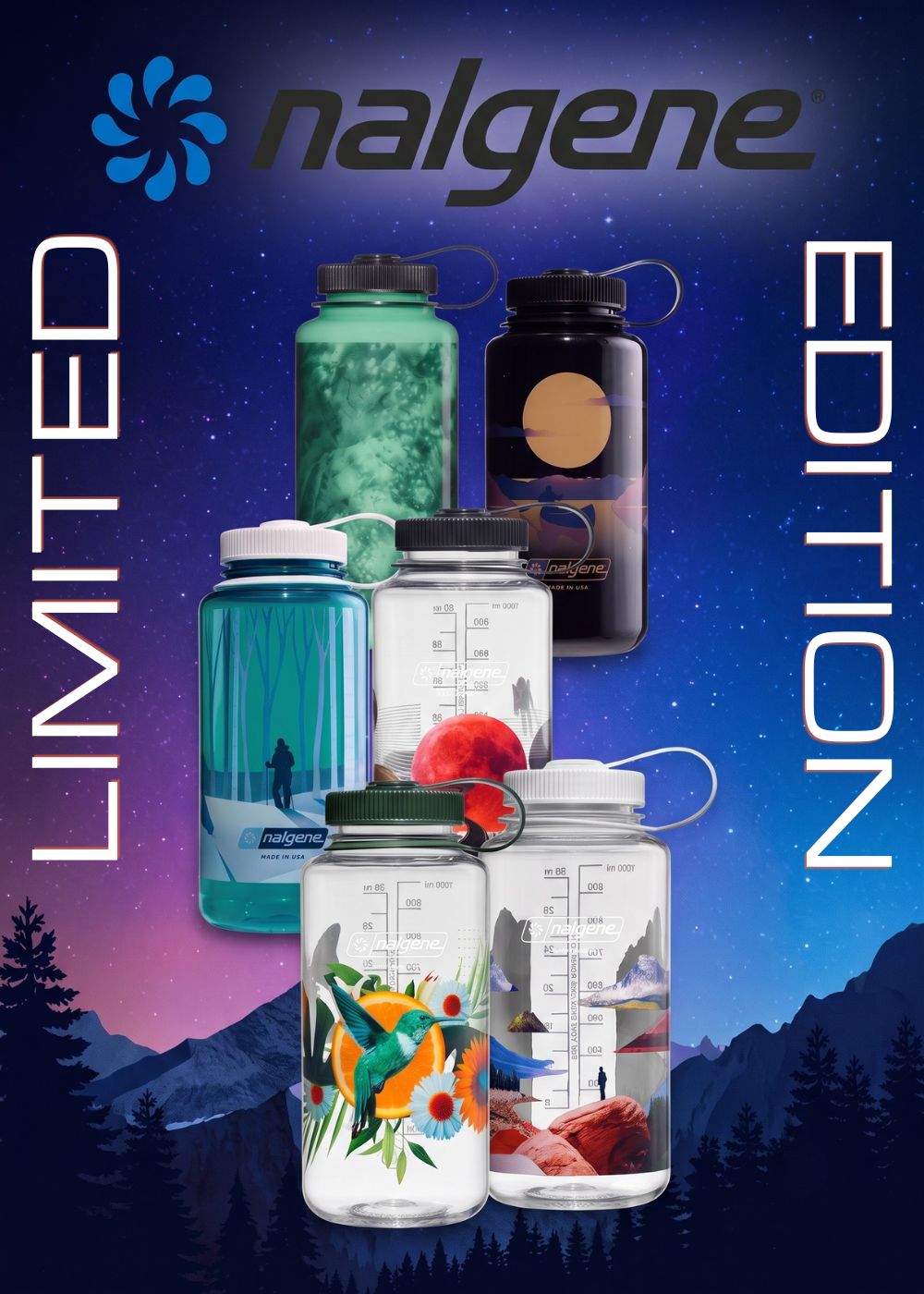 Nalgene Borracce Wide Mouth 1 Litro set di bottiglie a bocca larga con diverse stampe grafiche illustrate a tema paesaggi ed elementi naturali collezione Limited Edition