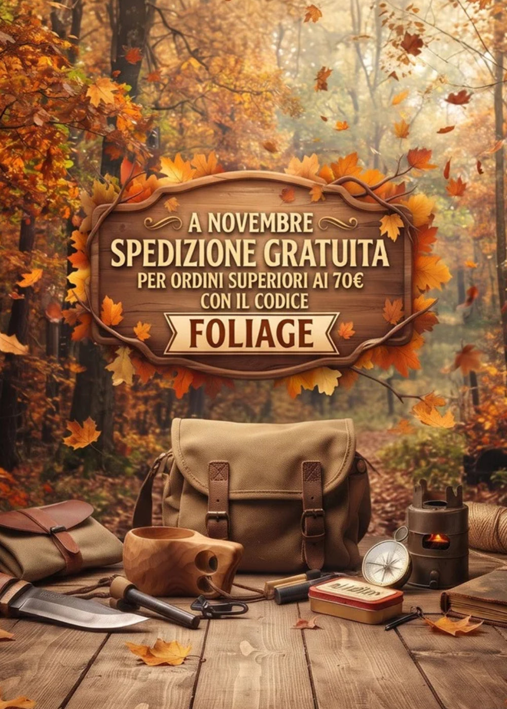 Backpacco Promozione Novembre attrezzatura bushcraft e outdoor con coltello a lama fissa acciarino tazza kuksa in legno bussola e fornello da campo in un bosco autunnale per la promo spedizione gratuita sopra i 70 euro con codice sconto FOLIAGE