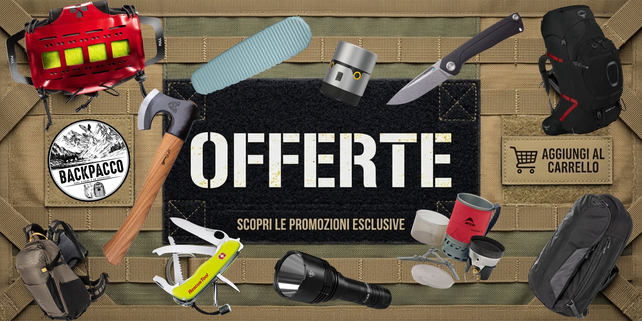 BackPacco Selezione Multibrand Attrezzatura outdoor tattica e EDC tra cui Victorinox RescueTool Nitecore NEW P30 fornello MSR WindBurner e ascia Roselli Banner per la sezione Offerte e promozioni esclusive