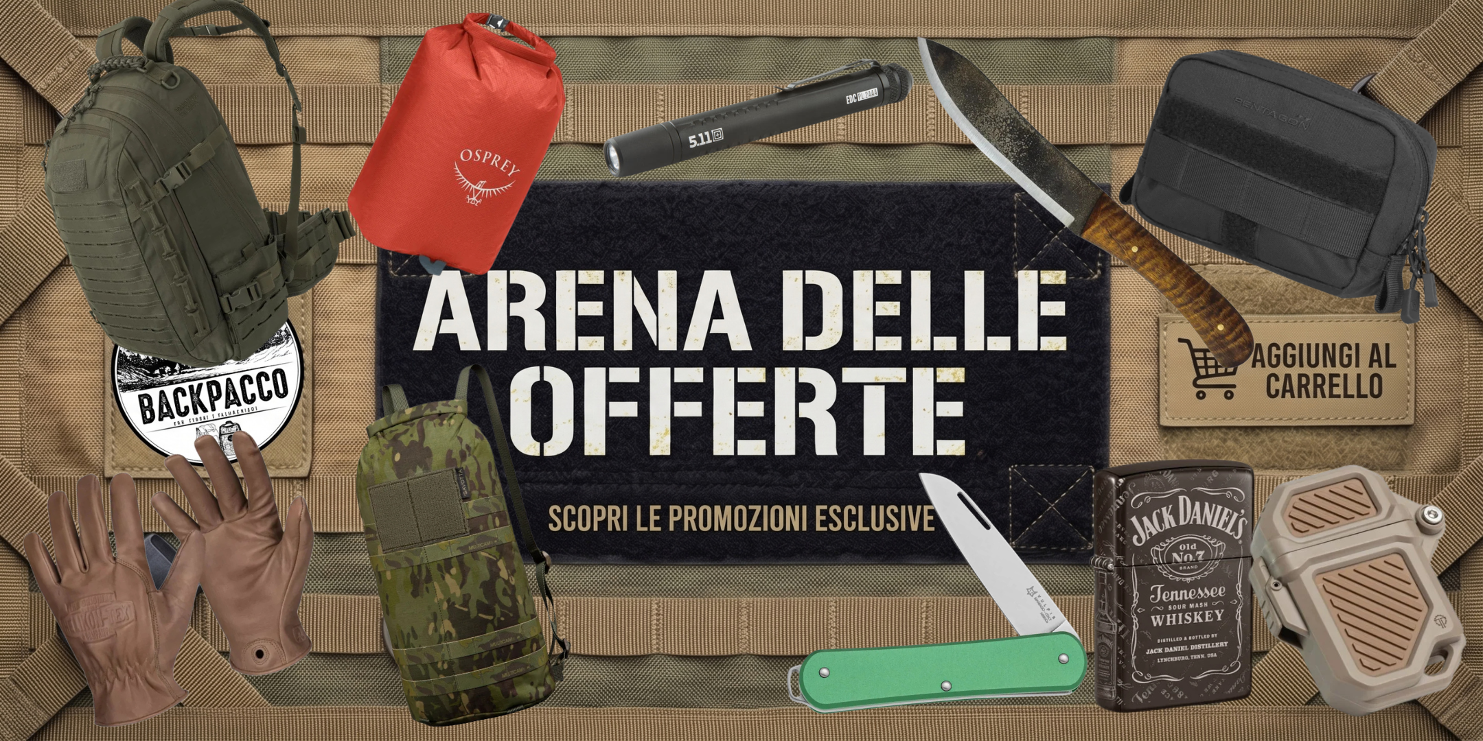 BackPacco Arena delle Offerte banner promozionale con equipaggiamento outdoor zaino tattico sacca stagna Osprey torcia EDC 5.11 coltelli guanti in pelle tasca Pentagon e accendino Zippo su sfondo con fettucce MOLLE per promozioni esclusive