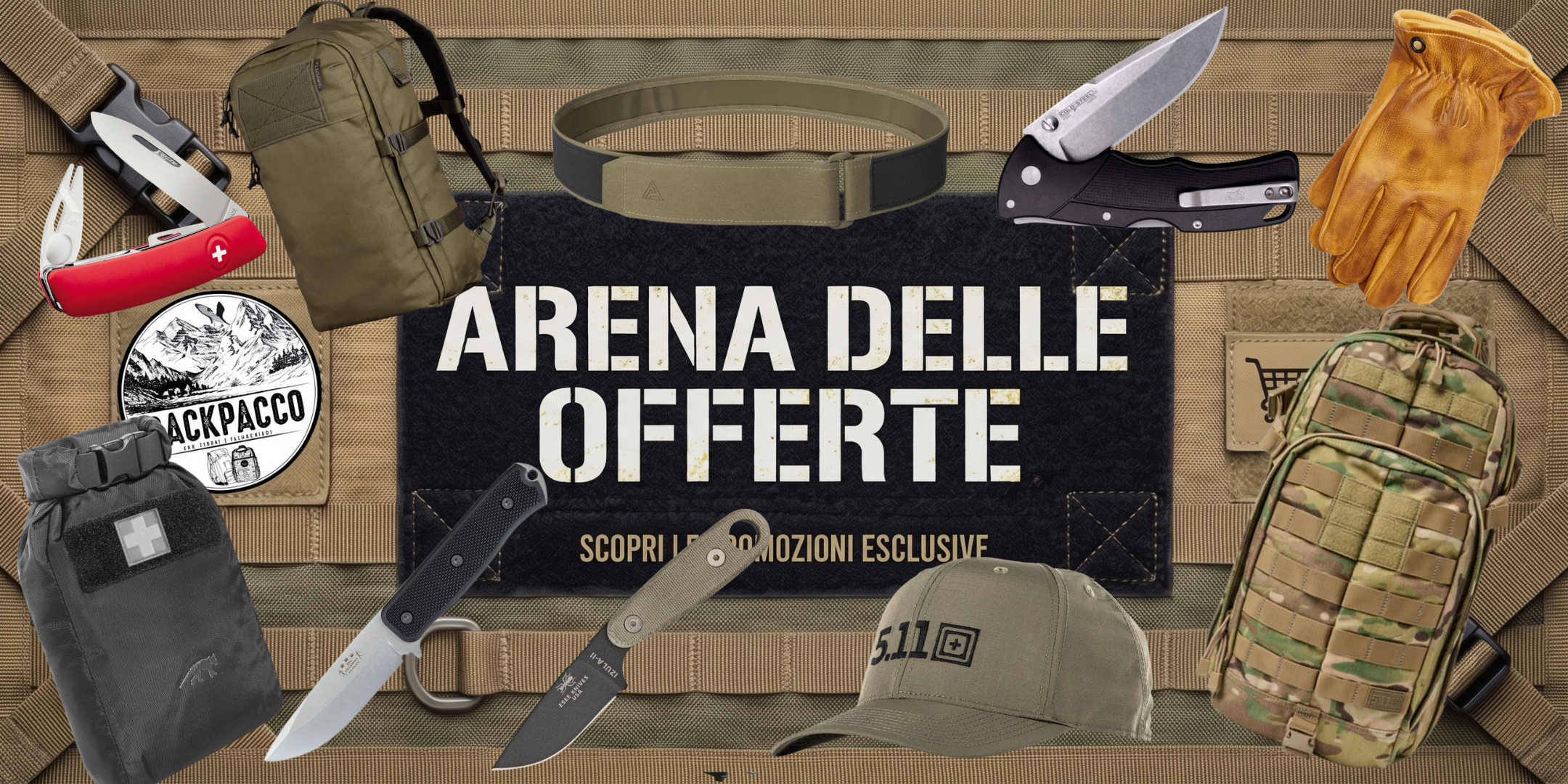 Backpacco Arena delle Offerte banner promozionale con equipaggiamento outdoor e tattico tra cui zaini Savotta e 5.11 Tactical, coltelli ESEE Izula-II, Cold Steel e ANV, multiuso Victorinox, guanti in pelle e custodia medica Tasmanian Tiger per sconti esclusivi su attrezzatura bushcraft e survival.