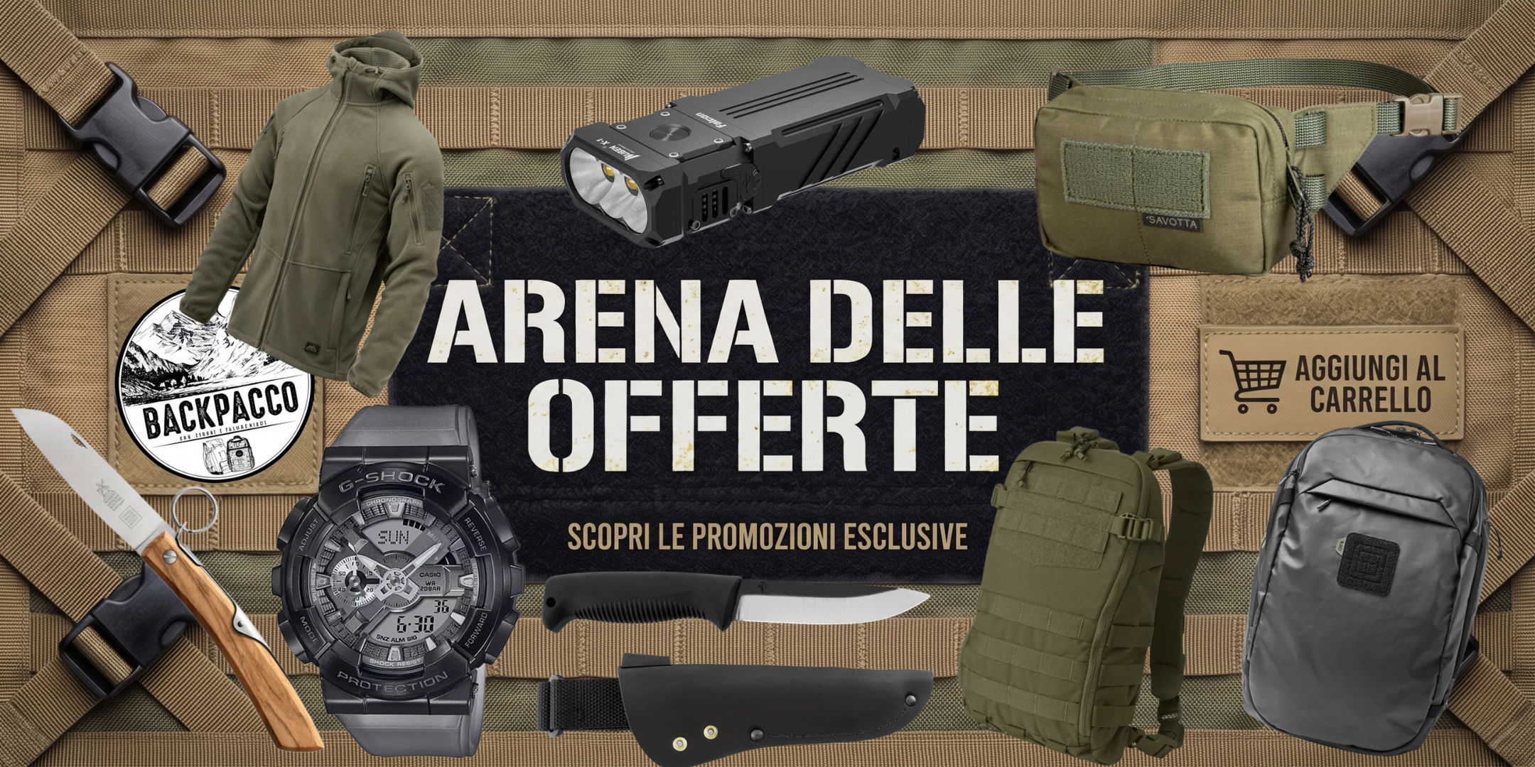 BackPacco Arena delle Offerte banner promozionale: pile tattico con cappuccio Helikon-Tex, torcia LED Wuben X1 Falcon, marsupio Savotta Kukkaro, coltello chiudibile Robert Klaas, orologio Casio G-Shock, coltello a lama fissa con fodero, zaino tattico MOLLE e zaino 5.11 Tactical.