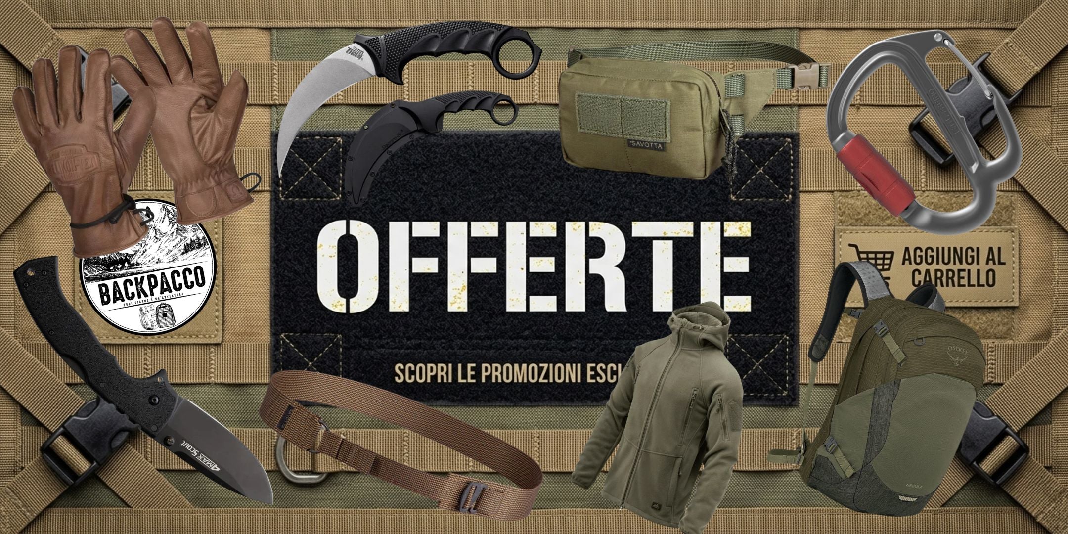 Backpacco Selezione Outdoor ed EDC composizione di attrezzatura tattica con coltelli Cold Steel tasca Savotta zaino Osprey abbigliamento e accessori su sfondo cordura banner offerte scopri le promozioni esclusive