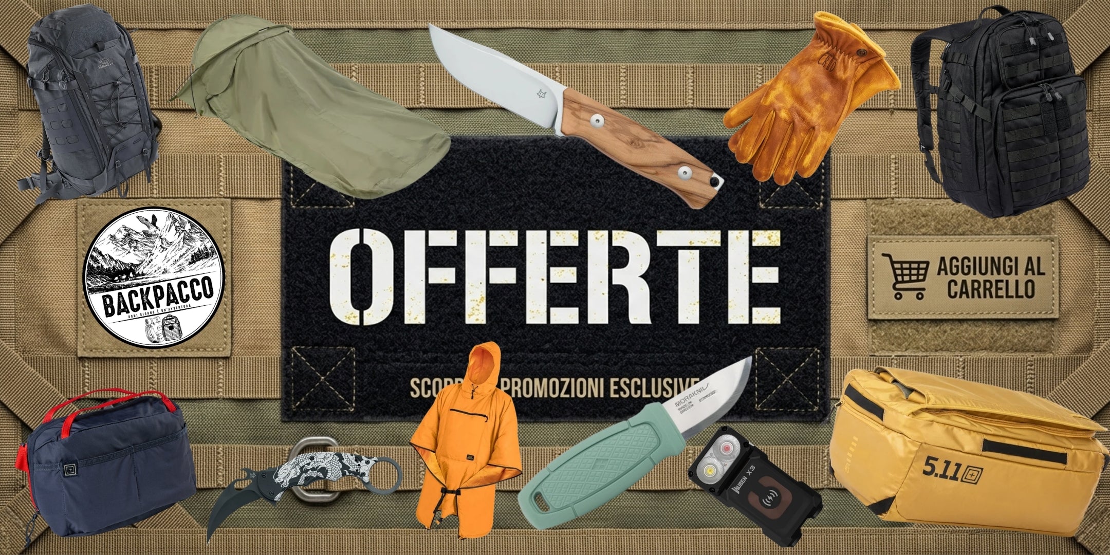 Backpacco Banner Offerte selezione di attrezzatura outdoor tattica e EDC con zaini coltelli torce e abbigliamento promozioni esclusive e sconti attivi nel nostro store anche ad agosto