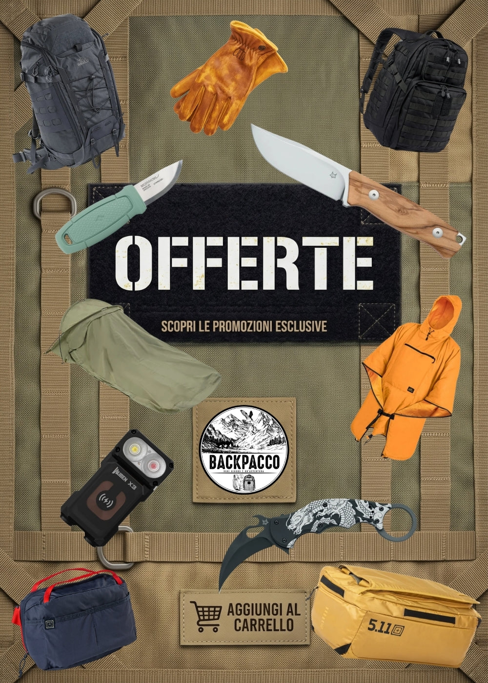Backpacco Banner Offerte selezione di attrezzatura outdoor tattica e EDC con zaini coltelli torce e abbigliamento promozioni esclusive e sconti attivi nel nostro store anche ad agosto