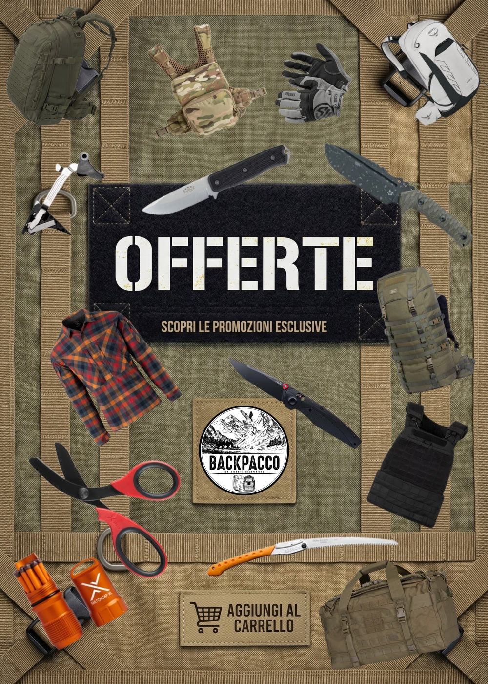 Backpacco Attrezzatura Outdoor e Sopravvivenza. Assortimento di zaini tattici, coltelli, utensili, abbigliamento e accessori disposti su tessuto tecnico. Offerte, scopri le promozioni esclusive.