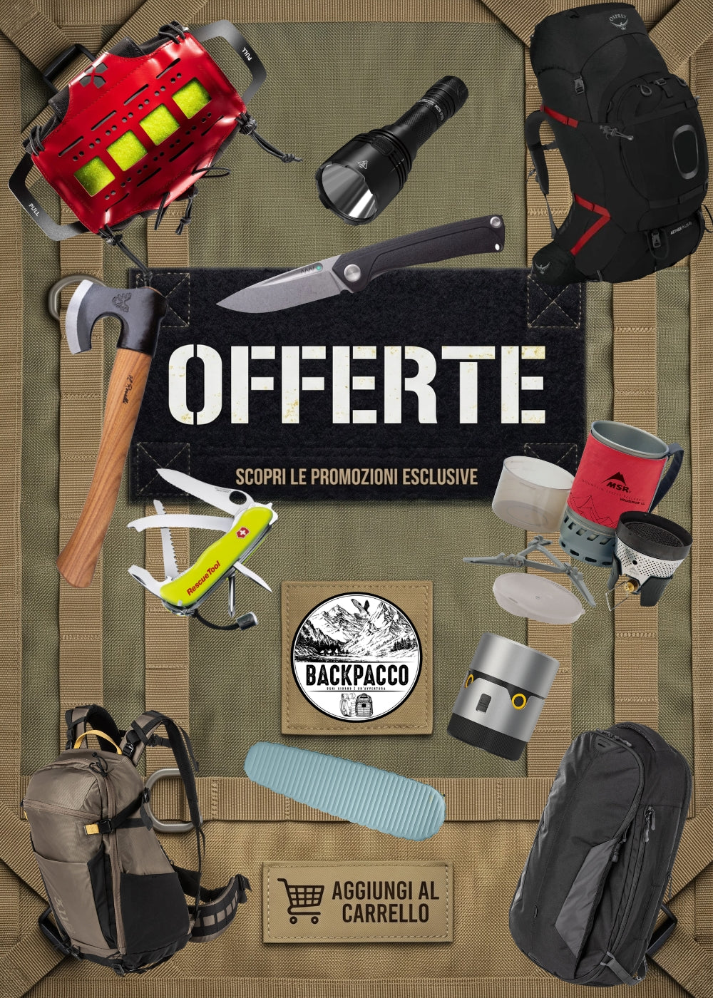 BackPacco Selezione Multibrand Attrezzatura outdoor tattica e EDC tra cui Victorinox RescueTool Nitecore NEW P30 fornello MSR WindBurner e ascia Roselli Banner per la sezione Offerte e promozioni esclusive