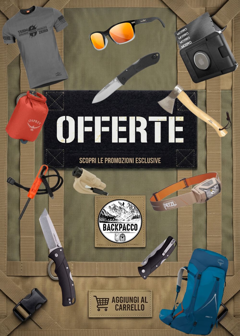 Backpacco Catalogo Multimarca attrezzatura outdoor e tattica con zaini Osprey torce Petzl coltelli Cold Steel e portafogli Moero Banner per offerte e promozioni esclusive