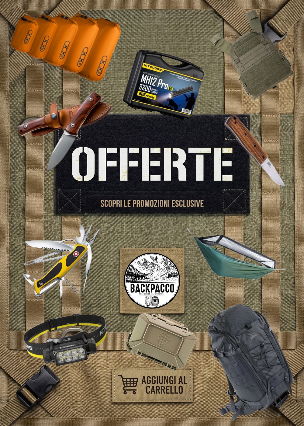 Backpacco Selezione Attrezzatura assortimento di equipaggiamento tattico e outdoor inclusi kit Nitecore MH12 Pro coltelli fissi Victorinox multiuso zaini sacche stagne e amache su sfondo modulare MOLLE scopri le offerte e promozioni esclusive