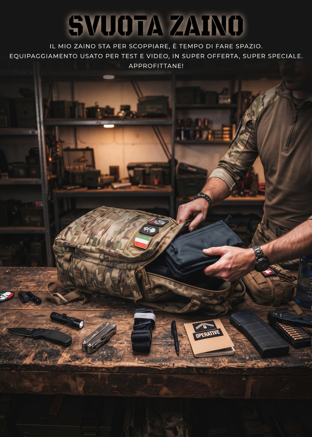 Backpacco Svuota Zaino banner promozionale outlet con zaino tattico equipaggiamento outdoor e accessori EDC usati per test e video. Super offerte su attrezzatura selezionata