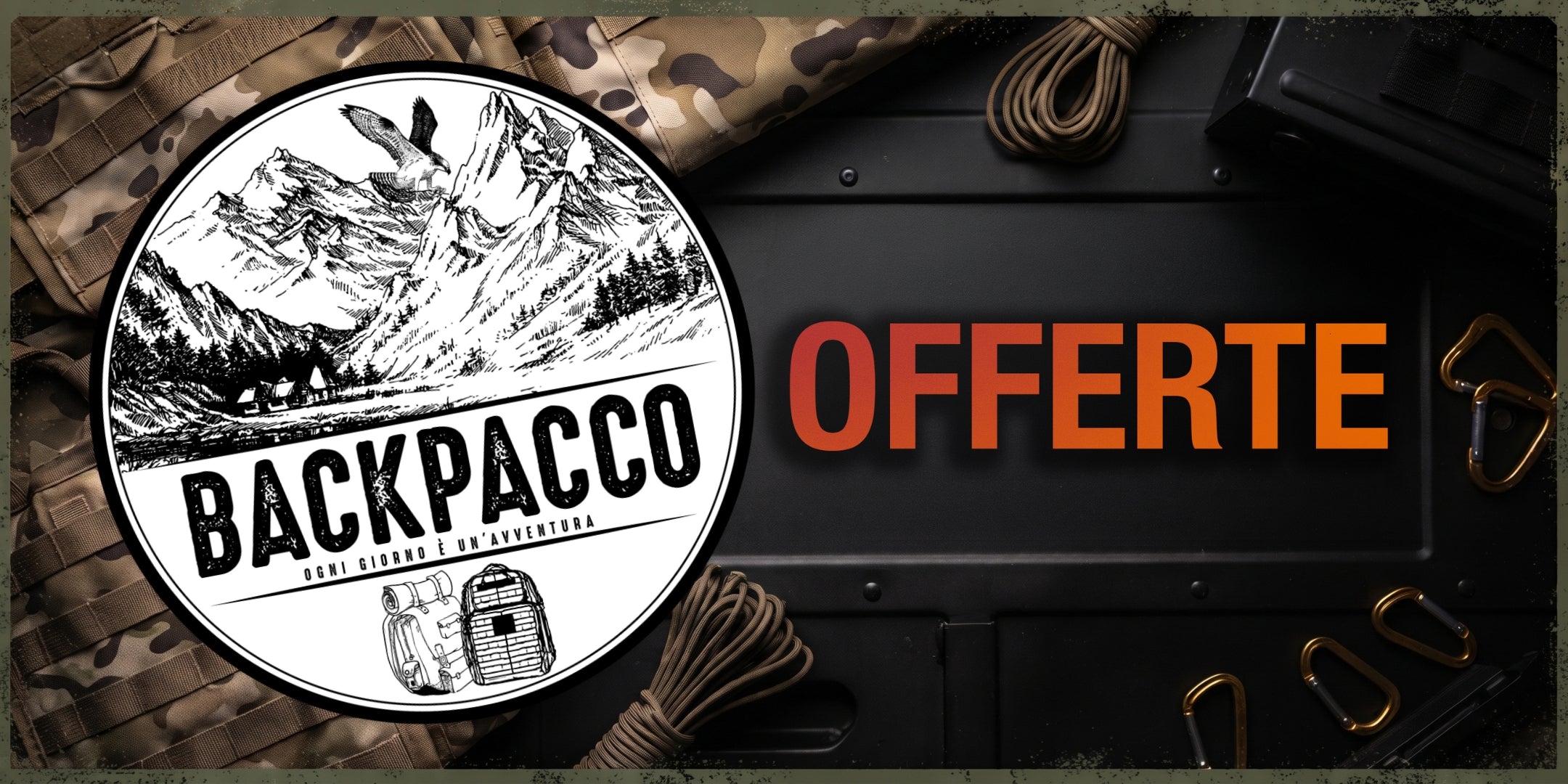 Backpacco Pagina Offerte banner orizzontale promozionale con logo ufficiale e background di attrezzatura tattica sconti e promozioni su equipaggiamento outdoor e campeggio