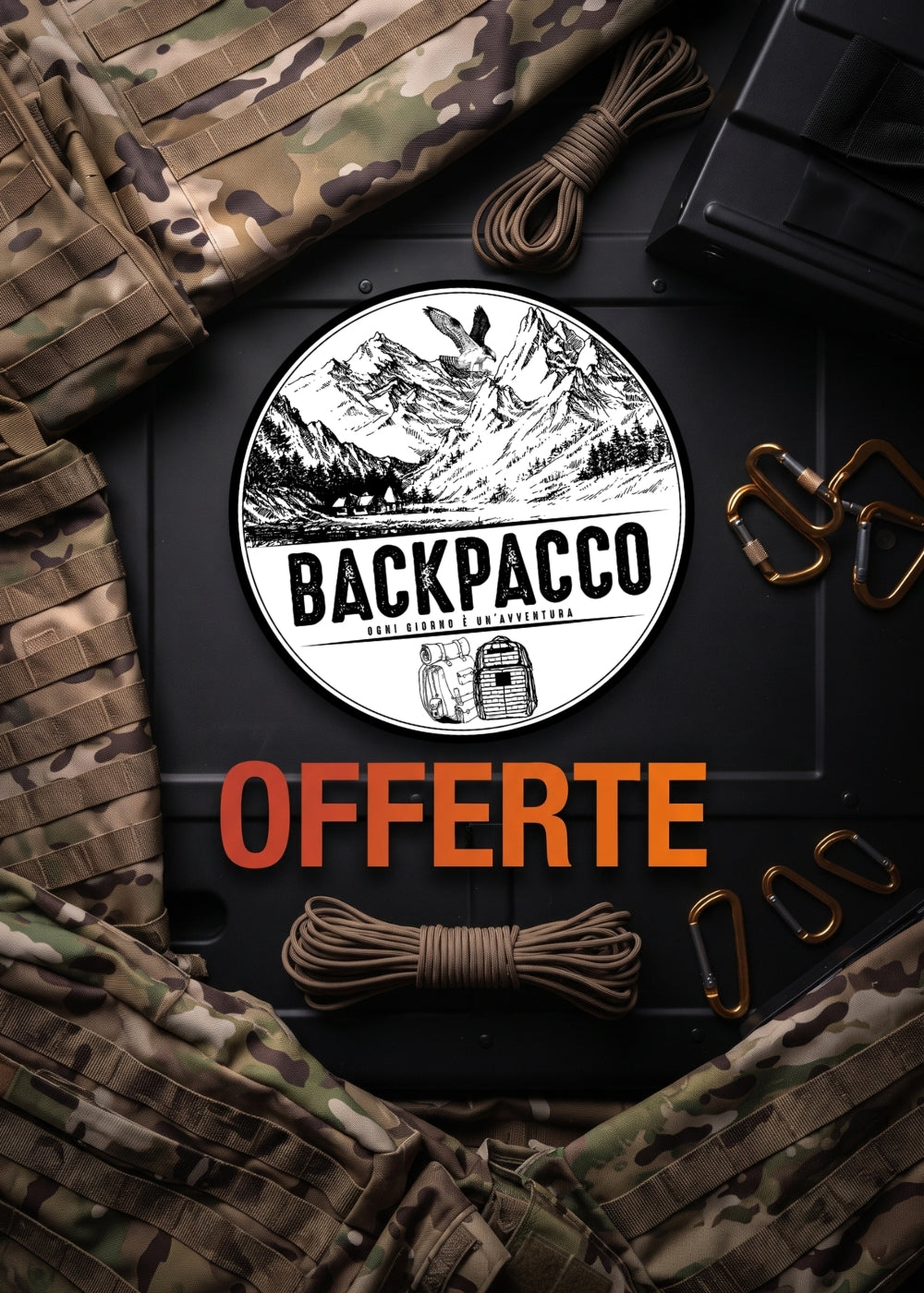 Backpacco Pagina Offerte banner orizzontale promozionale con logo ufficiale e background di attrezzatura tattica sconti e promozioni su equipaggiamento outdoor e campeggio