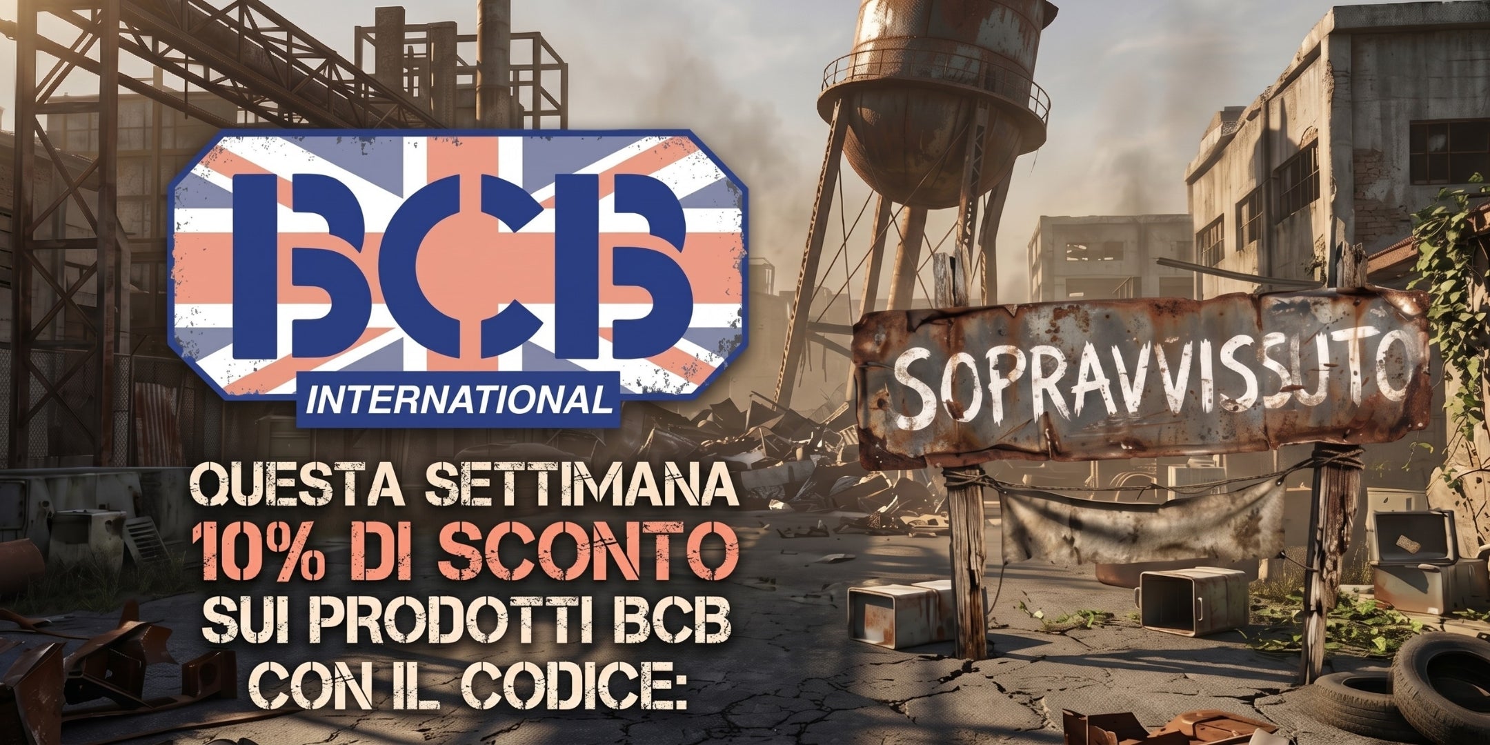 BCB International Banner promozionale orizzontale ambientato in uno scenario post apocalittico industriale con scritte Questa settimana 10% di sconto sui prodotti BCB con il codice e cartello Sopravvissuto accanto al grande logo del brand britannico per la promozione e-commerce