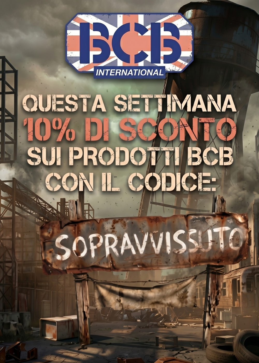 BCB International Banner promozionale orizzontale ambientato in uno scenario post apocalittico industriale con scritte Questa settimana 10% di sconto sui prodotti BCB con il codice e cartello Sopravvissuto accanto al grande logo del brand britannico per la promozione e-commerce