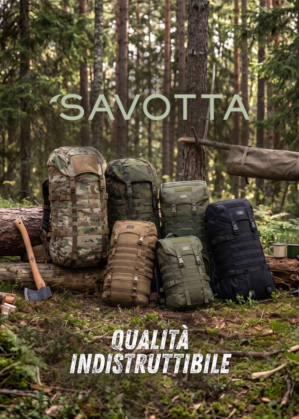 Savotta Serie Jaakari zaini da escursionismo e sopravvivenza con sistema MOLLE disposti su un tronco in un bosco con ascia e attrezzatura da campo Qualità indistruttibile