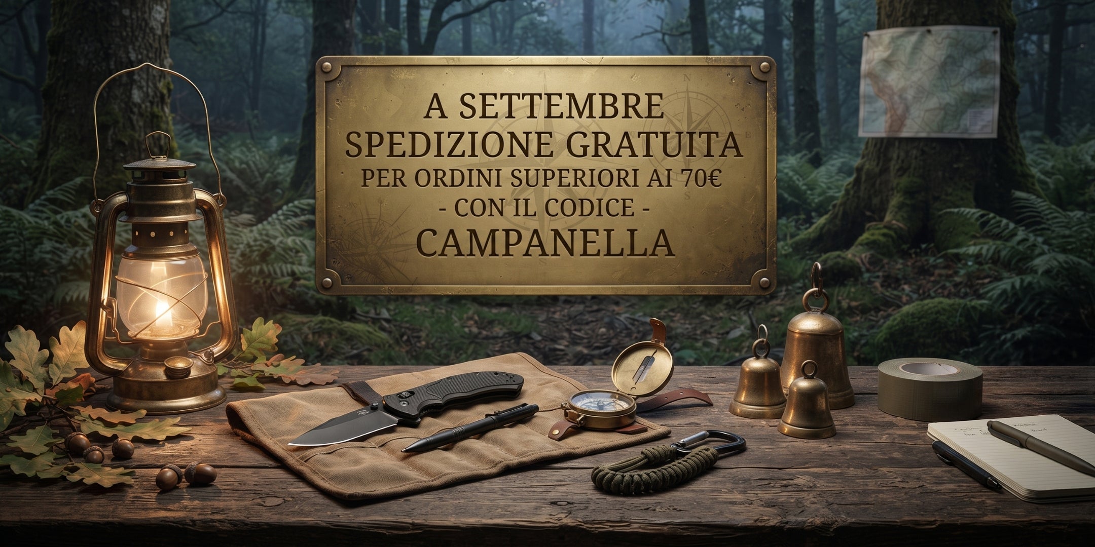 Backpacco Promozione Settembre banner con attrezzatura outdoor tattica EDC coltello chiudibile bussola e lanterna per campagna spedizione gratuita su ordini superiori a 70 euro con codice sconto CAMPANELLA