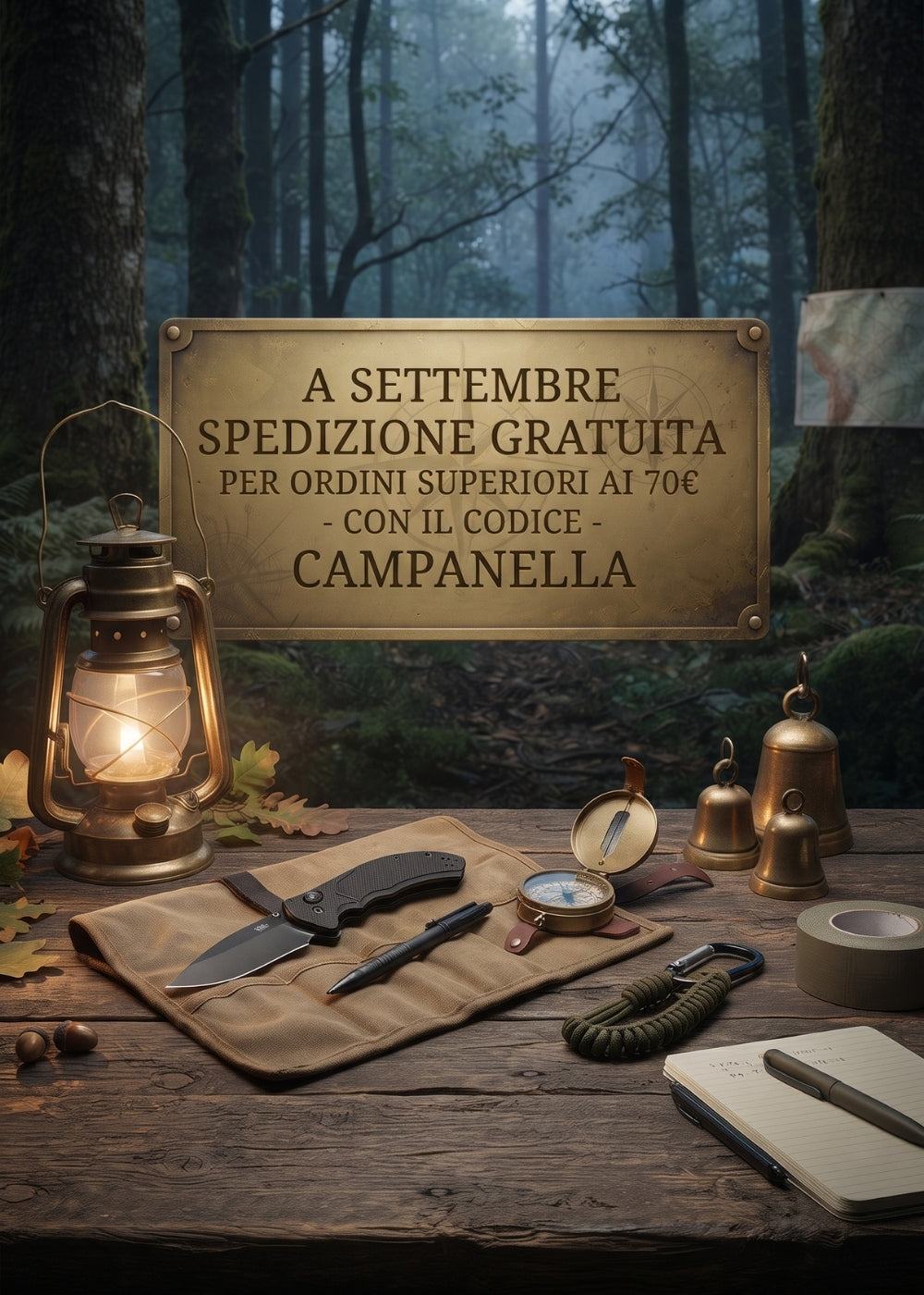 Backpacco Promozione Settembre banner con attrezzatura outdoor tattica EDC coltello chiudibile bussola e lanterna per campagna spedizione gratuita su ordini superiori a 70 euro con codice sconto CAMPANELLA