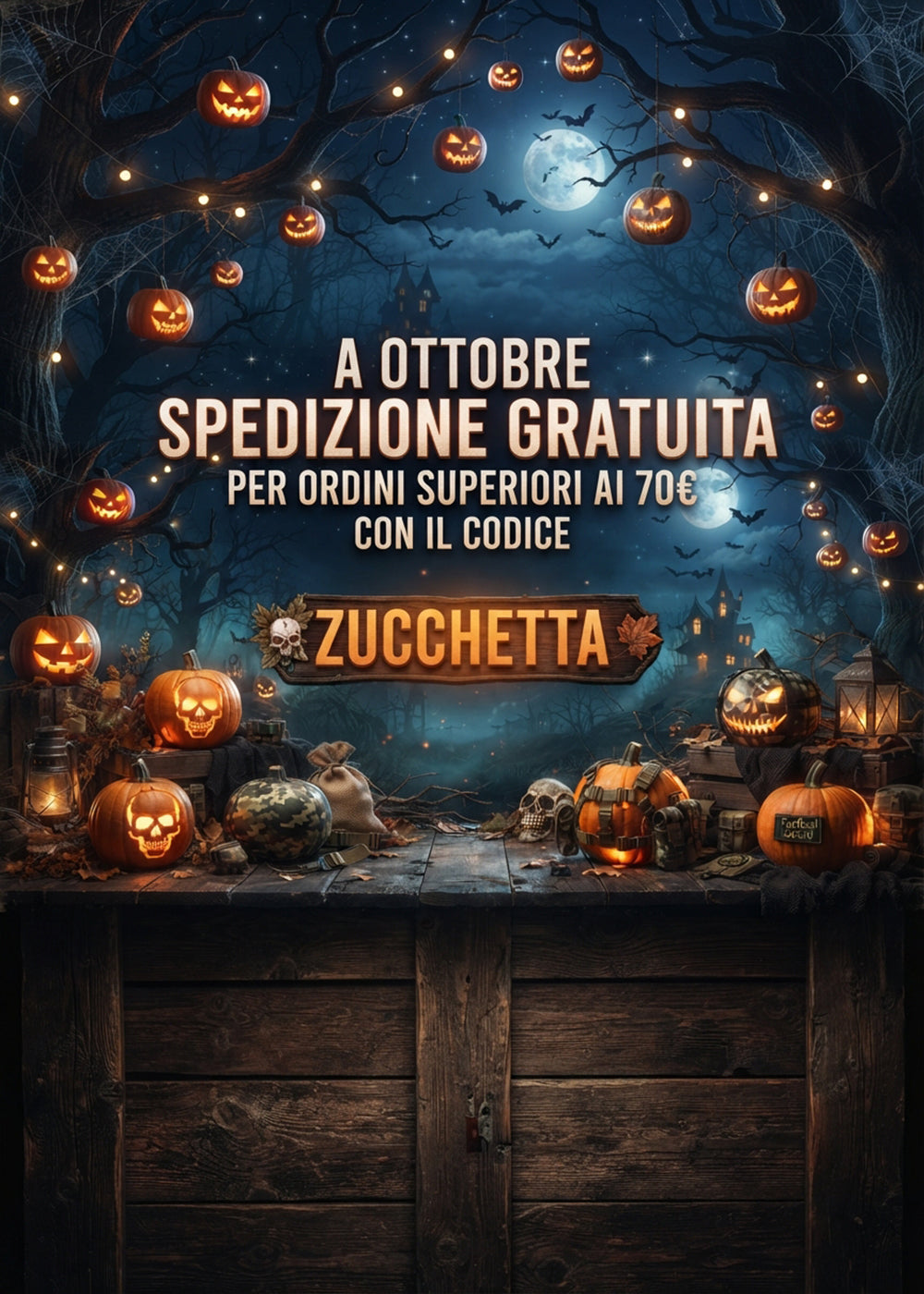 Backpacco Banner promozionale Halloween con zucche intagliate, buffetteria ed equipaggiamento tattico, offerta spedizione gratuita per ordini superiori a 70 euro con codice sconto ZUCCHETTA valido per tutto il mese di ottobre.