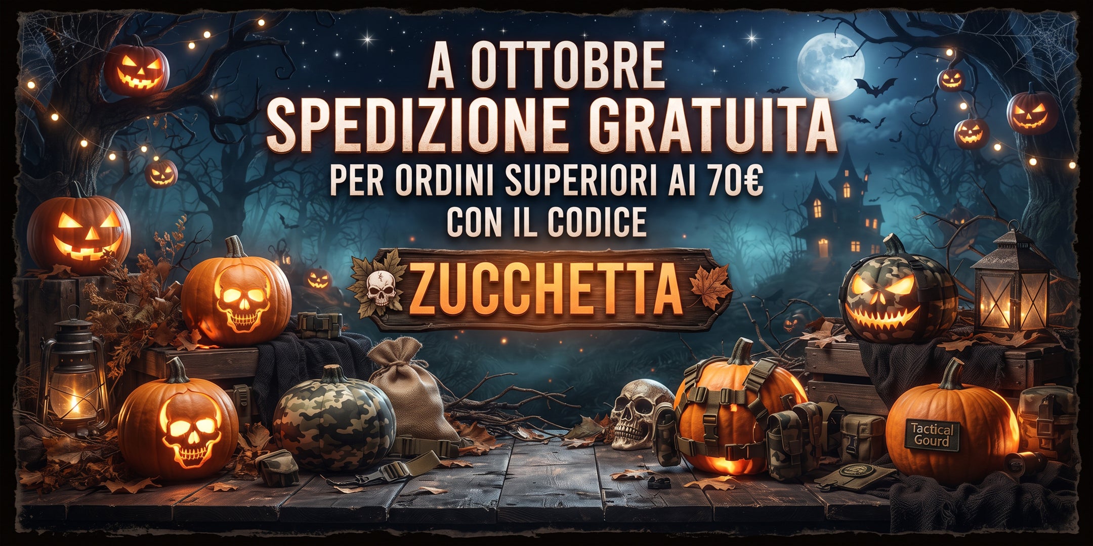 Backpacco Banner promozionale Halloween con zucche intagliate, buffetteria ed equipaggiamento tattico, offerta spedizione gratuita per ordini superiori a 70 euro con codice sconto ZUCCHETTA valido per tutto il mese di ottobre.