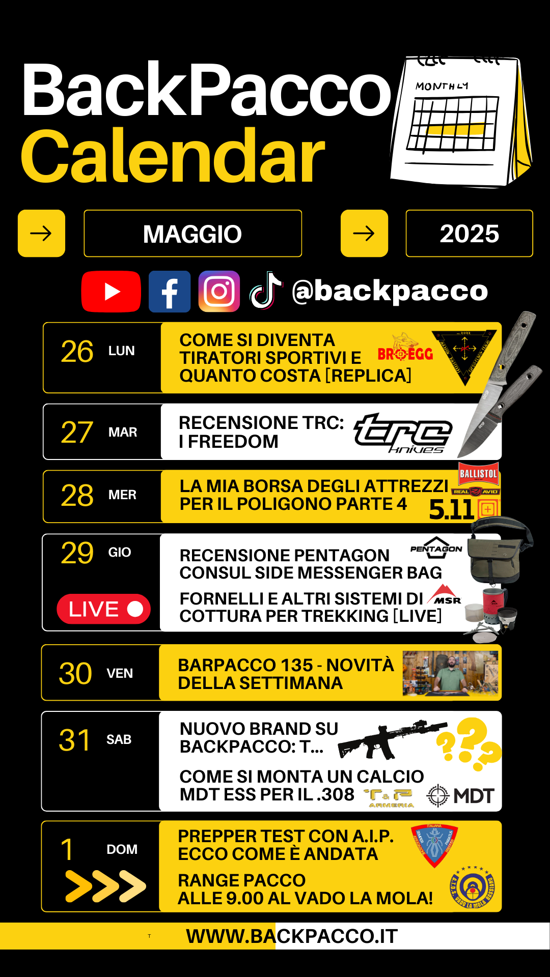 IL PROGRAMMA SETTIMANALE DI BACKPACCO.IT CON TUTTI I VIDEO, LE LIVE, I NUOVI PRODOTTI E GLI APPUNTAMENTI