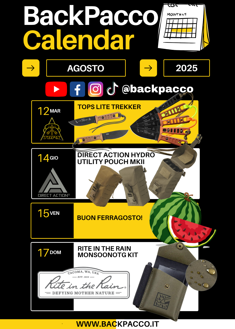 Calendario promozionale BackPacco agosto 2025 con prodotti outdoor come machete Fox Jungle, zaini Osprey e Eberlestock, eventi settimanali e slogan Ogni giorno è un'avventura