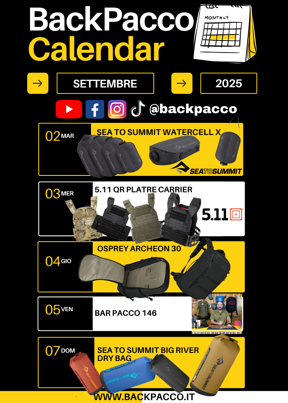 Calendario promozionale BackPacco settembre 2025 con uscite outdoor e tattiche: Sea to Summit Watercell X, Osprey Archeon 30, 5.11 QR Plate Carrier, Big River Dry Bag e Bar Pacco '146 - ogni giorno è un'avventura