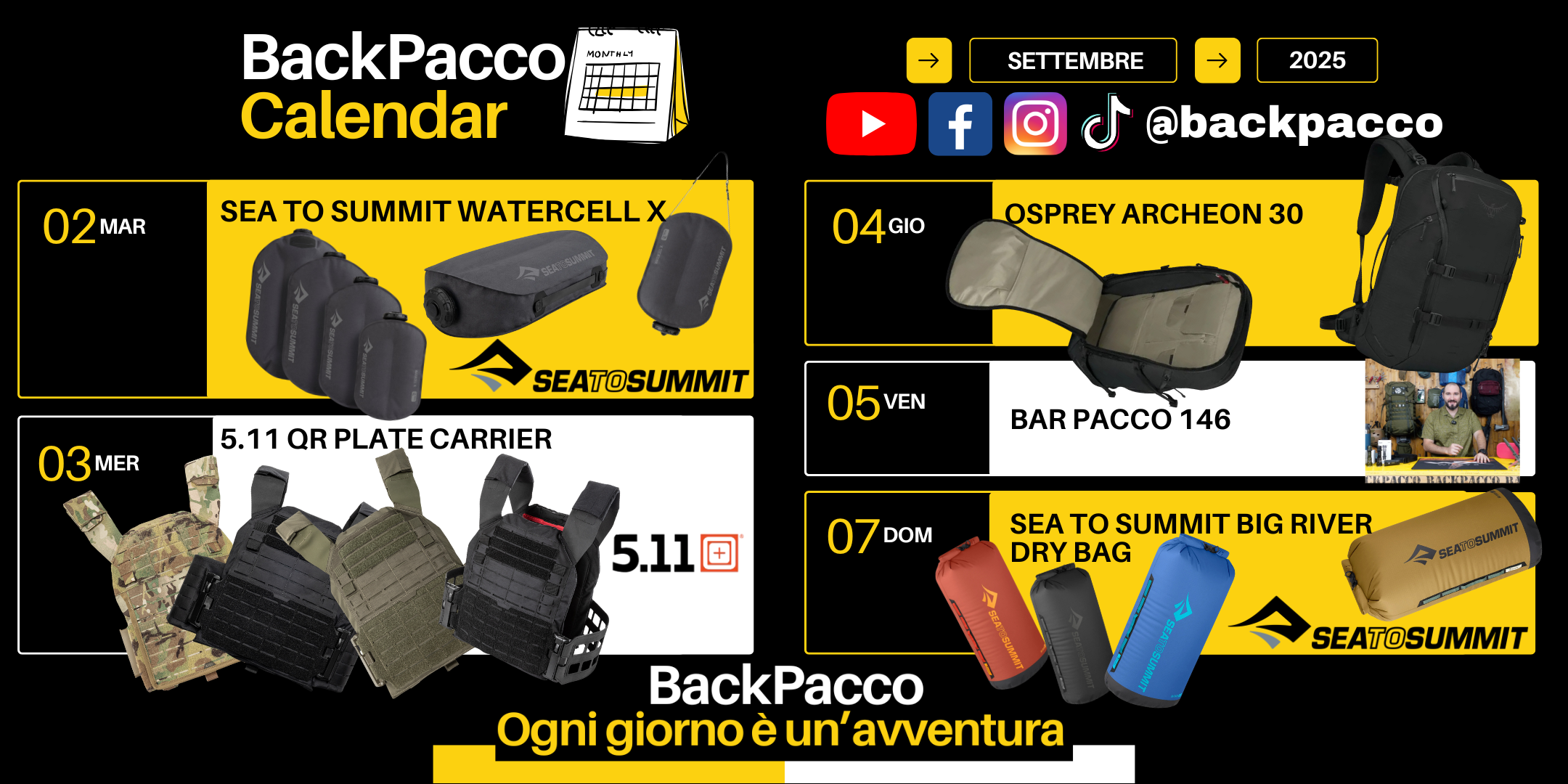 Calendario promozionale BackPacco settembre 2025 con uscite outdoor e tattiche: Sea to Summit Watercell X, Osprey Archeon 30, 5.11 QR Plate Carrier, Big River Dry Bag e Bar Pacco '146 - ogni giorno è un'avventura
