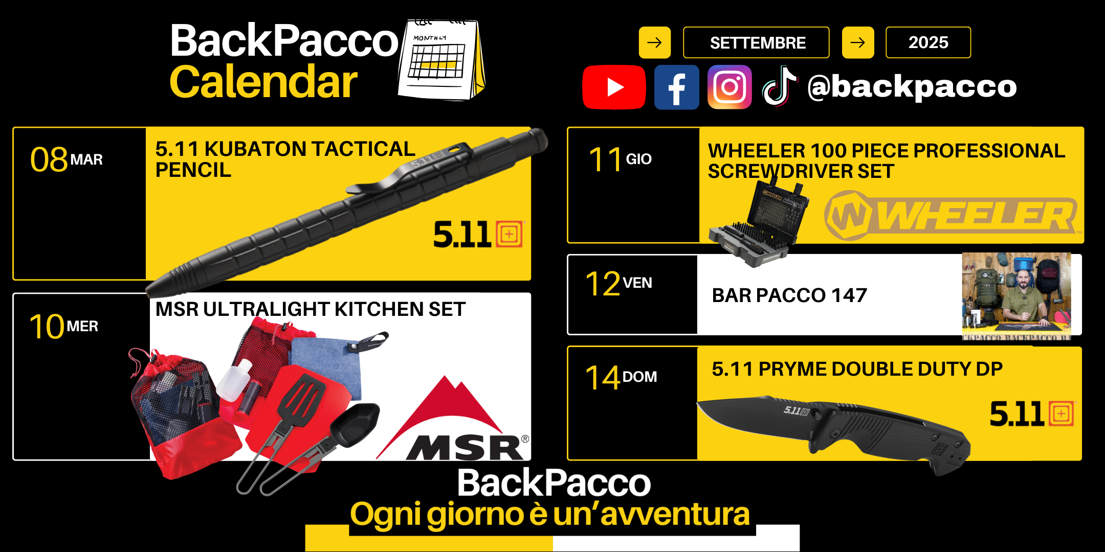 Calendario promozionale BackPacco settembre 2025 con lancio giornaliero di accessori tattici e outdoor da brand come 5.11, MSR, Wheeler