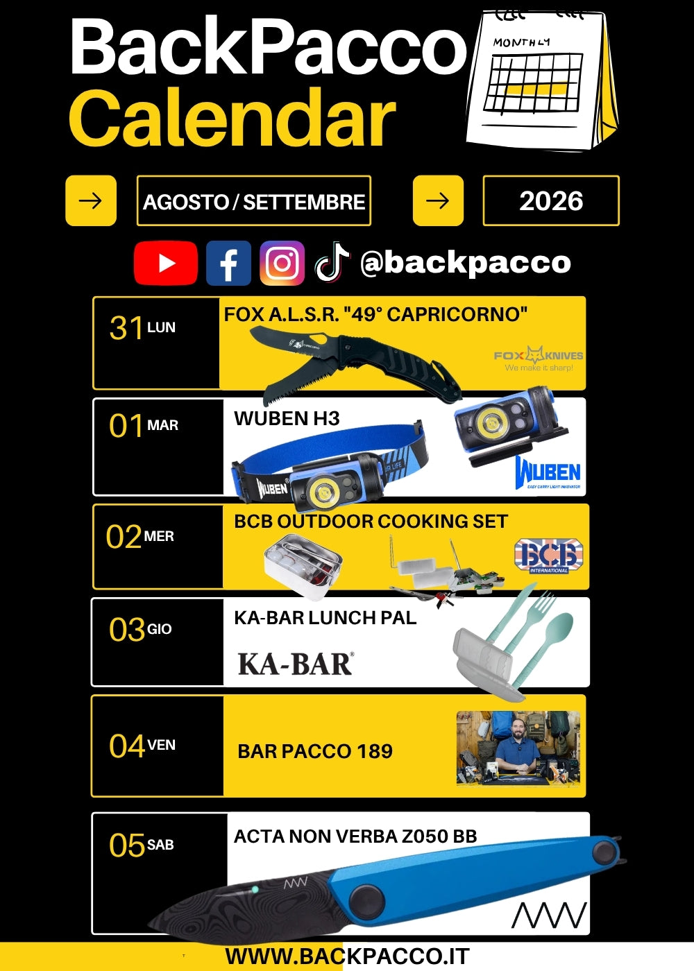 BackPacco Calendar programmazione settimanale agosto settembre 2026 con attrezzatura outdoor Fox, Wuben, BCB, Ka-Bar, Acta Non Verba ed episodio video Bar Pacco 189 palinsesto canali social