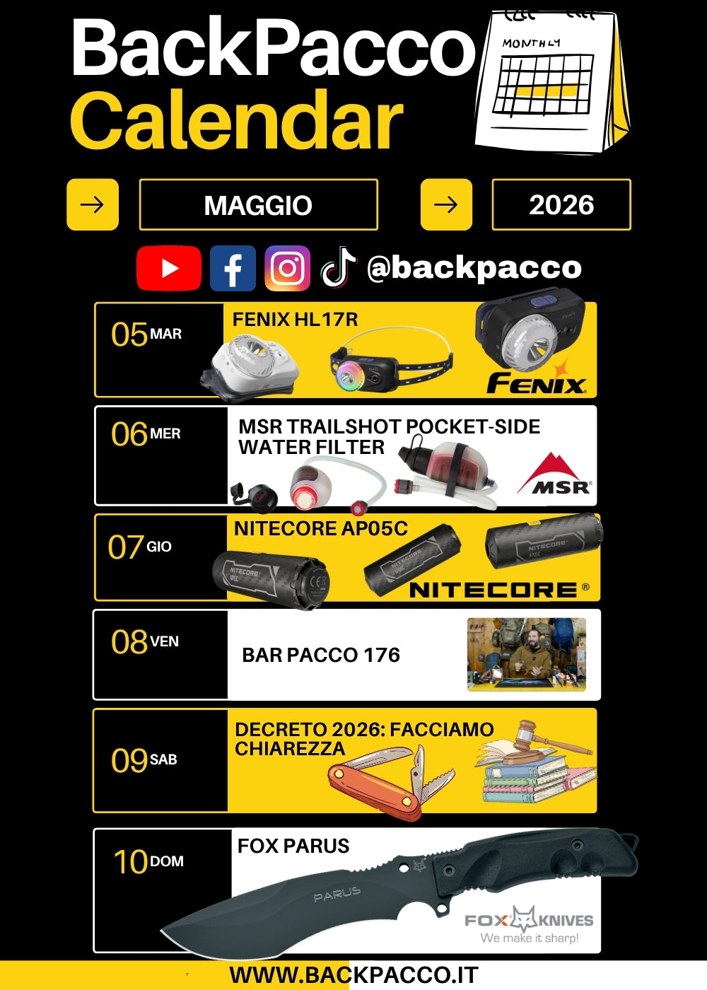 BackPacco Calendar Maggio 2026 infografica programmazione con torcia frontale Fenix HL17R, filtro acqua MSR Trailshot Pocket-Sized, Nitecore AP05C, approfondimento Decreto 2026 e coltello Fox Parus. Calendario outdoor per bushcraft e survival con riferimenti social @backpacco.