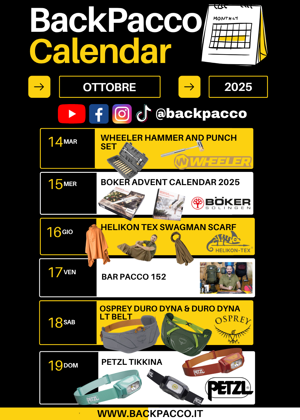 Calendario BackPacco Ottobre 2025, promozioni e video recensioni: Wheeler Hammer and Punch Set, Calendario Avvento Boker, Sciarpa Helikon-Tex Swagman Scarf, Cintura marsupio Osprey Duro Dyna e LT Belt, Torce frontali Petzl Tikkina