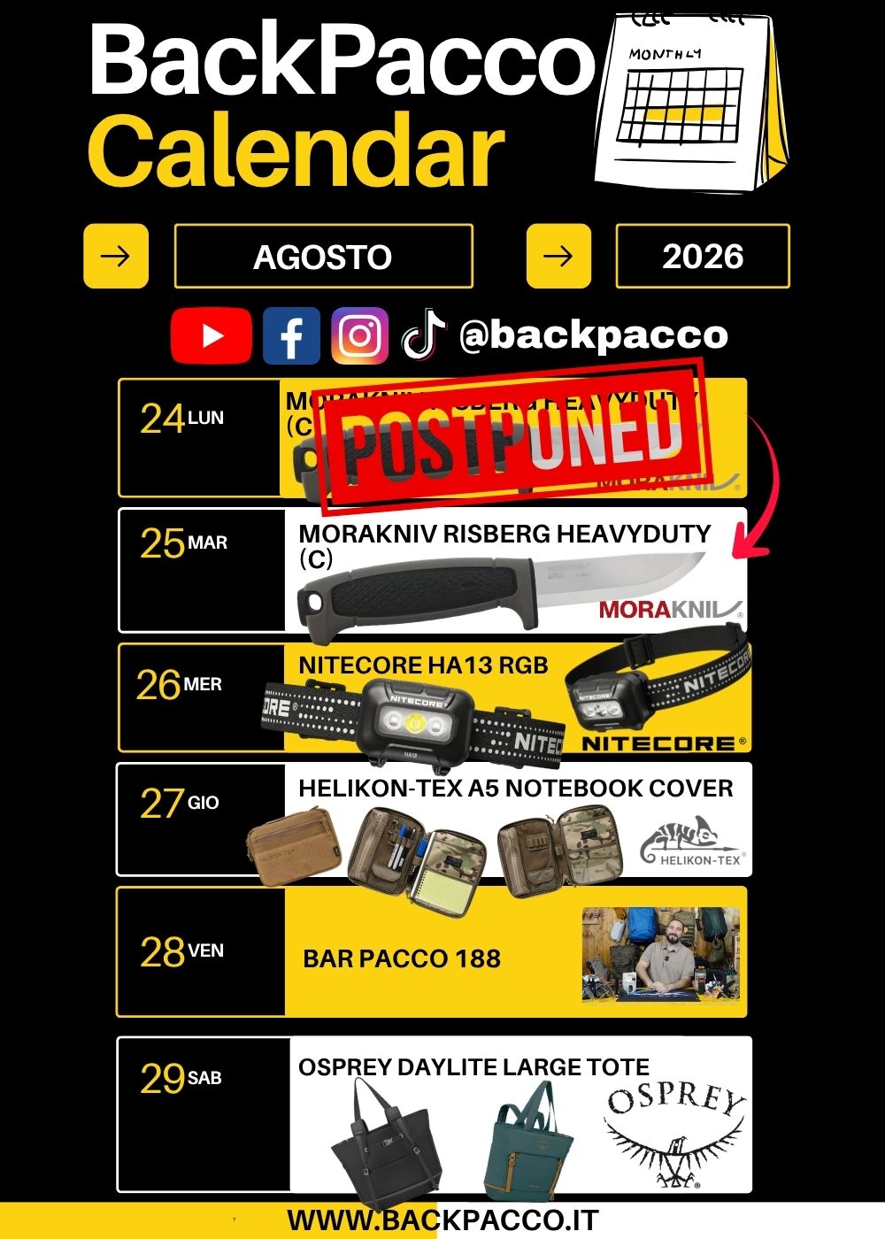 BackPacco Calendar Agosto 2026 tabellone programmazione settimanale con prodotti Nitecore Helikon-Tex Osprey e posticipo video Morakniv per canali social e YouTube