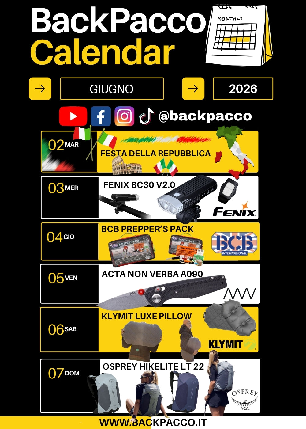 BackPacco Calendar Giugno 2026 infografica con calendario delle novità. Elenca Festa della Repubblica, torcia Fenix BC30 V2.0, kit BCB Prepper's Pack, coltello Acta Non Verba A090, cuscino Klymit Luxe Pillow e zaino Osprey Hikelite LT 22 con immagini dei prodotti e icone social.