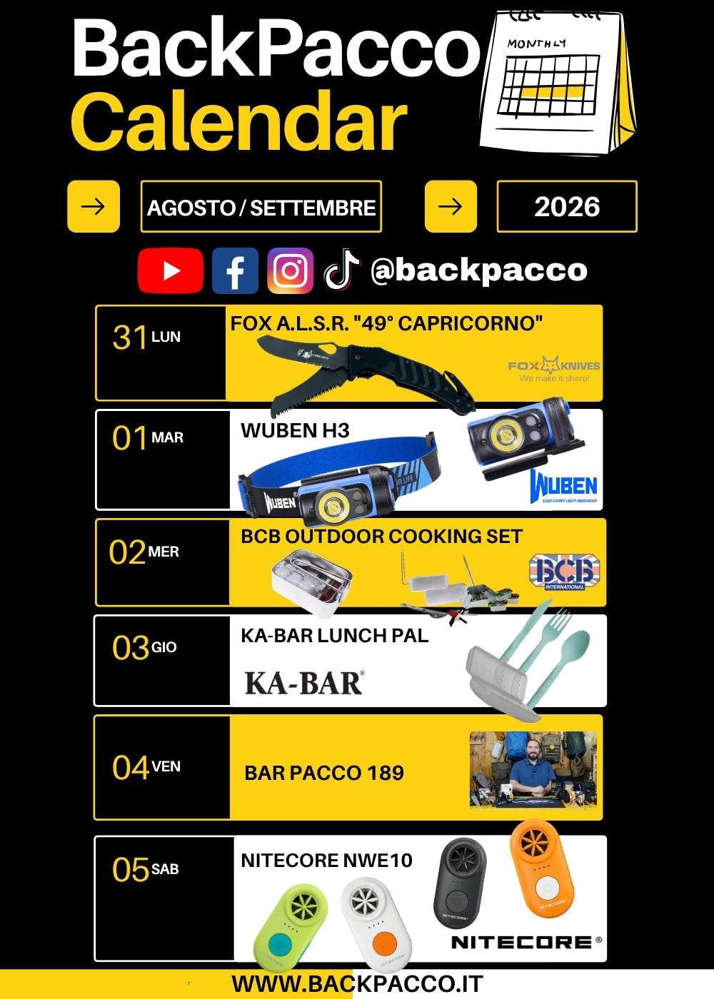 BackPacco Calendar programmazione Agosto Settembre 2026 con coltello Fox ALSR 49 Capricorno torcia Wuben H3 set cottura BCB posate Ka-Bar Lunch Pal episodio Bar Pacco 189 e fischietto elettronico Nitecore NWE10