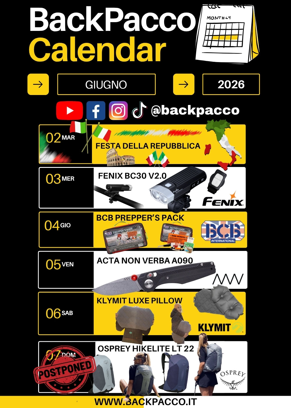 BackPacco Calendar Giugno 2026 infografica con calendario delle novità. Elenca Festa della Repubblica, torcia Fenix BC30 V2.0, kit BCB Prepper's Pack, coltello Acta Non Verba A090, cuscino Klymit Luxe Pillow e zaino Osprey Hikelite LT 22 (RIMANDATO) con immagini dei prodotti e icone social.