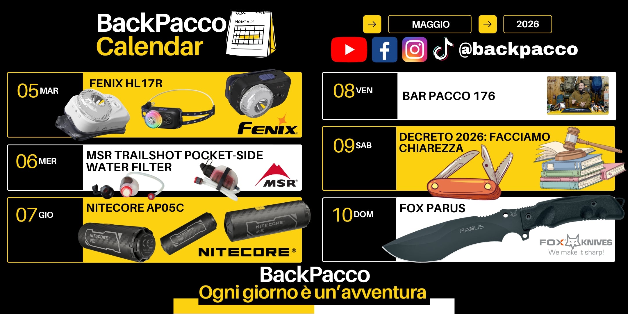 BackPacco Calendar Maggio 2026 infografica programmazione con torcia frontale Fenix HL17R, filtro acqua MSR Trailshot Pocket-Sized, Nitecore AP05C, approfondimento Decreto 2026 e coltello Fox Parus. Calendario outdoor per bushcraft e survival con riferimenti social @backpacco.