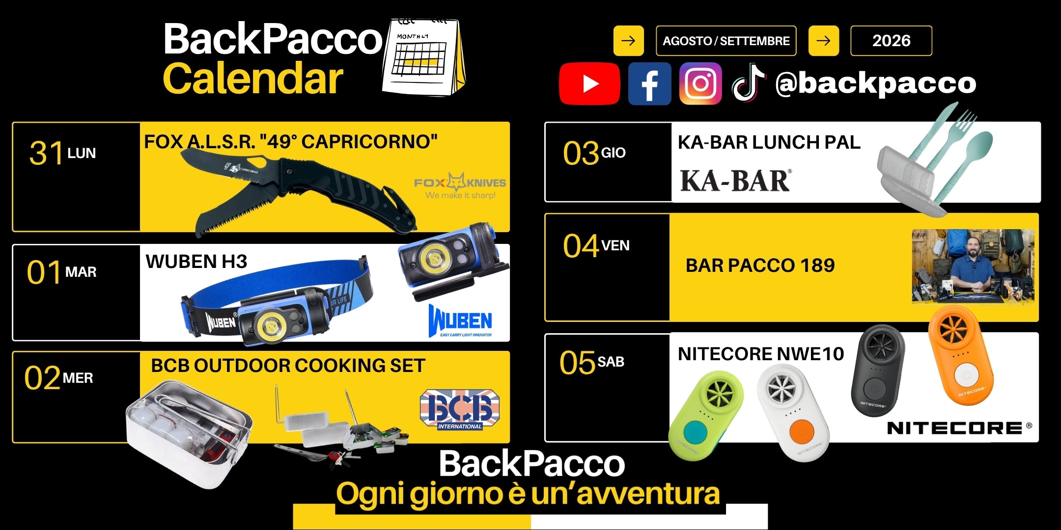 BackPacco Calendar programmazione Agosto Settembre 2026 con coltello Fox ALSR 49 Capricorno torcia Wuben H3 set cottura BCB posate Ka-Bar Lunch Pal episodio Bar Pacco 189 e fischietto elettronico Nitecore NWE10