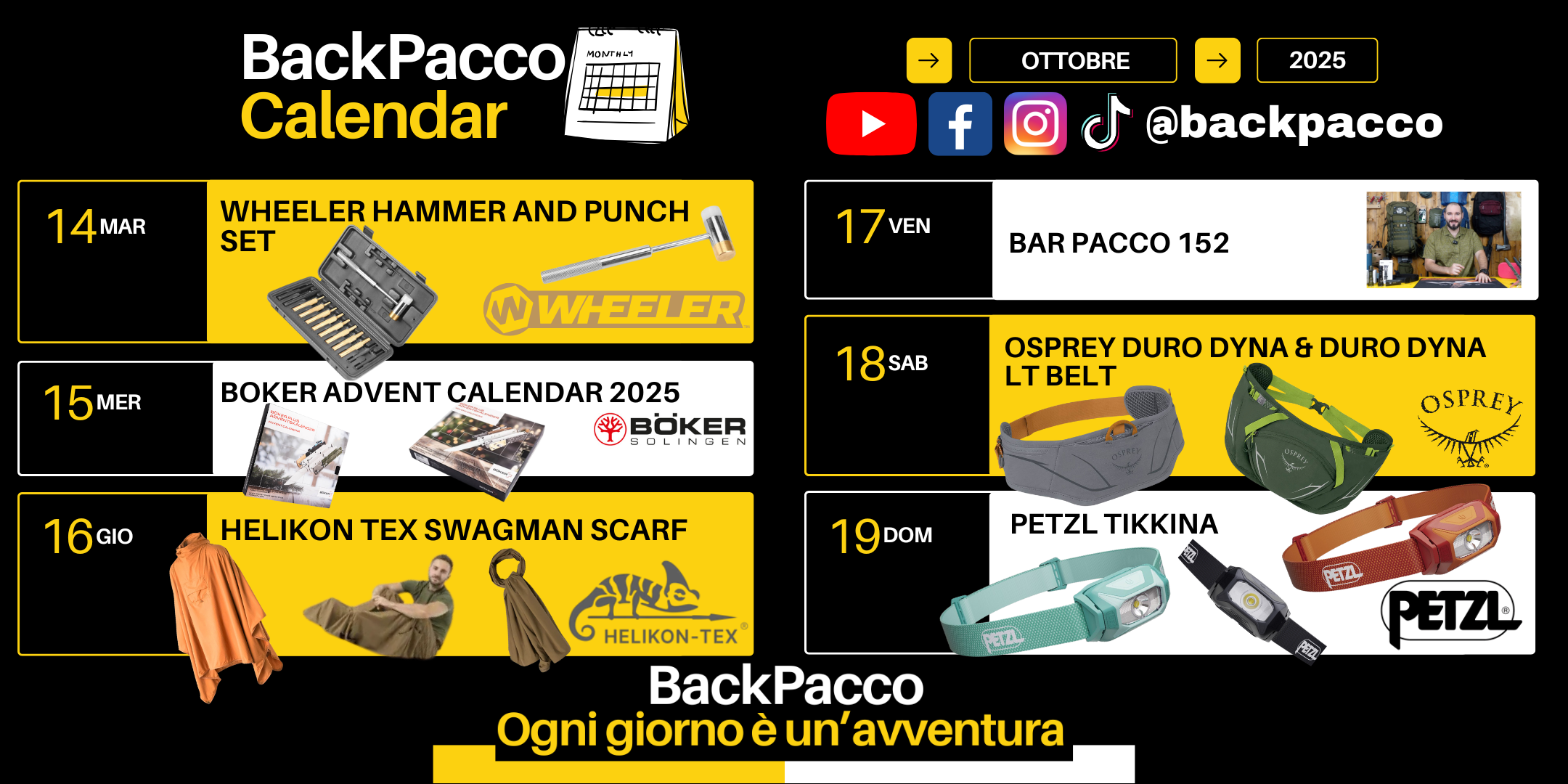 Calendario BackPacco Ottobre 2025, promozioni e video recensioni: Wheeler Hammer and Punch Set, Calendario Avvento Boker, Sciarpa Helikon-Tex Swagman Scarf, Cintura marsupio Osprey Duro Dyna e LT Belt, Torce frontali Petzl Tikkina