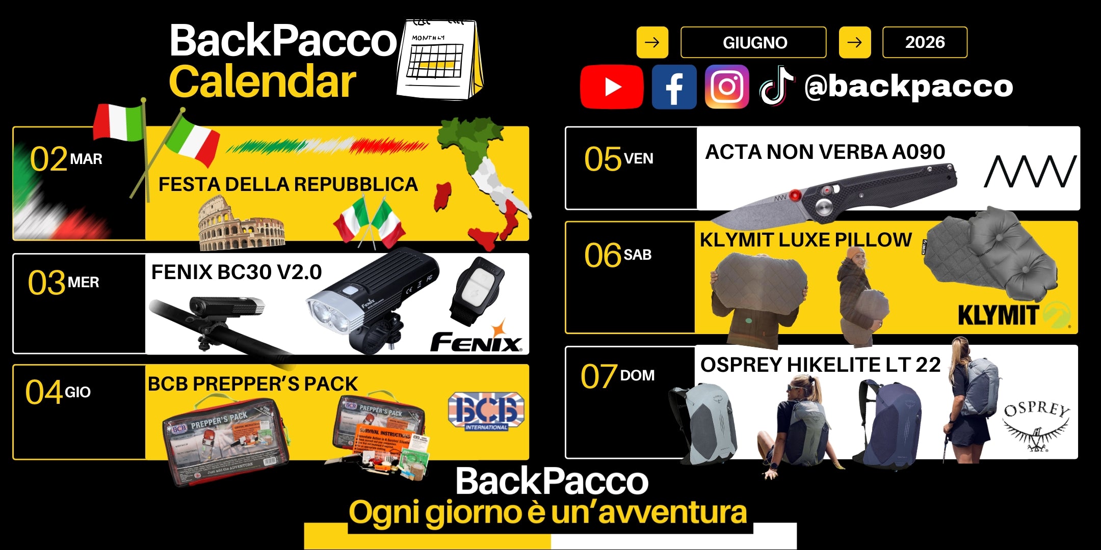BackPacco Calendar Giugno 2026 infografica con calendario delle novità. Elenca Festa della Repubblica, torcia Fenix BC30 V2.0, kit BCB Prepper's Pack, coltello Acta Non Verba A090, cuscino Klymit Luxe Pillow e zaino Osprey Hikelite LT 22 con immagini dei prodotti e icone social.