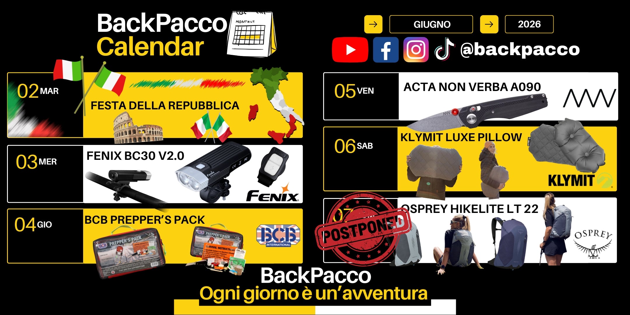 BackPacco Calendar Giugno 2026 infografica con calendario delle novità. Elenca Festa della Repubblica, torcia Fenix BC30 V2.0, kit BCB Prepper's Pack, coltello Acta Non Verba A090, cuscino Klymit Luxe Pillow e zaino Osprey Hikelite LT 22 (RIMANDATO) con immagini dei prodotti e icone social.
