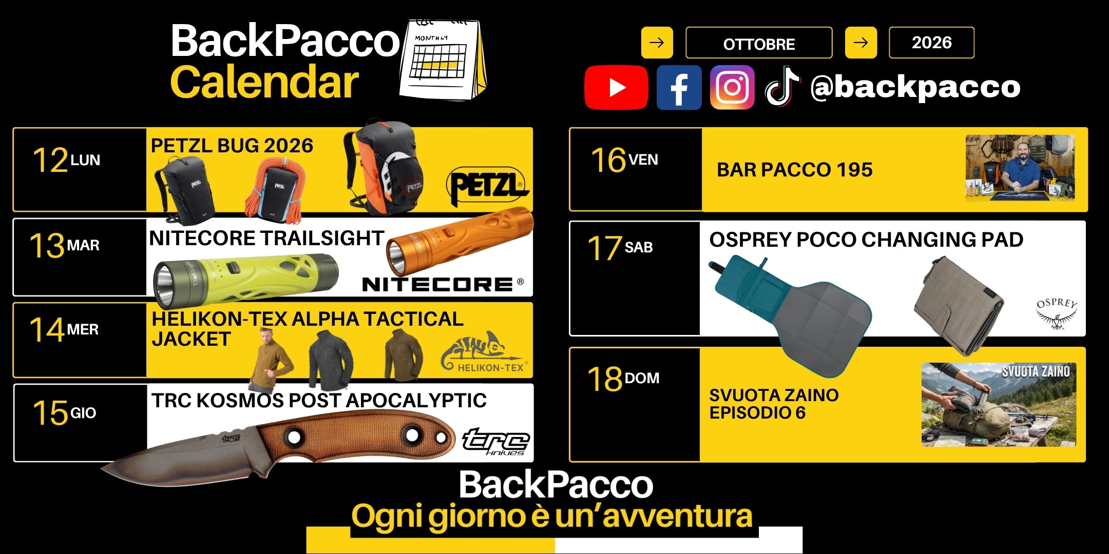 BackPacco Calendar Ottobre 2026 Grafica promozionale con programmazione settimanale Petzl Bug, torce Nitecore Trailsight, giacche Helikon-Tex Alpha Tactical, coltello TRC Kosmos Post Apocalyptic, Osprey Poco Changing Pad e uscite video Bar Pacco e Svuota Zaino