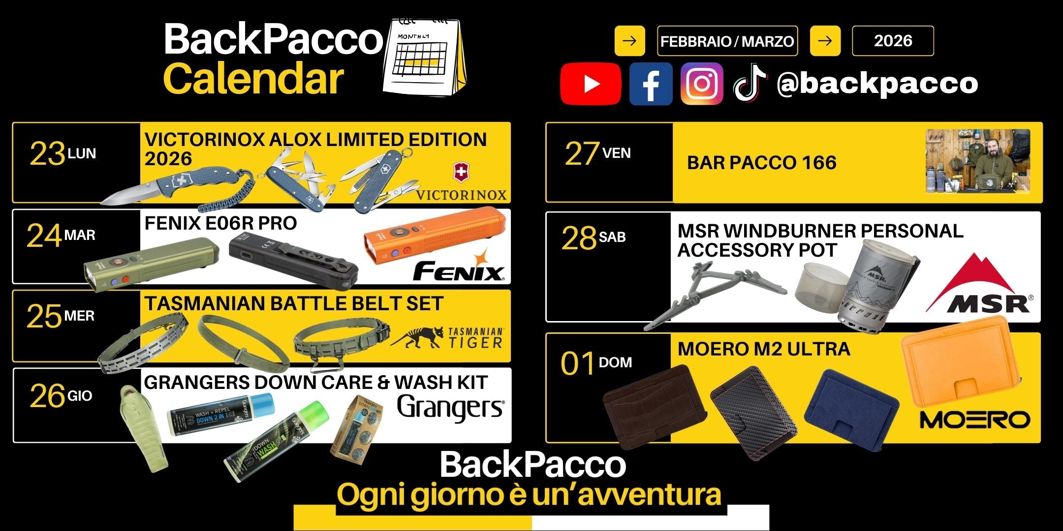 Bar Pacco 166 appuntamento video community. MSR WindBurner Personal Accessory Pot pentolino accessorio per sistema di cottura rapida outdoor. Moero M2 Ultra portafoglio slim con protezione RFID e meccanismo di estrazione rapida delle carte. Calendario BackPacco Febbraio Marzo 2026.