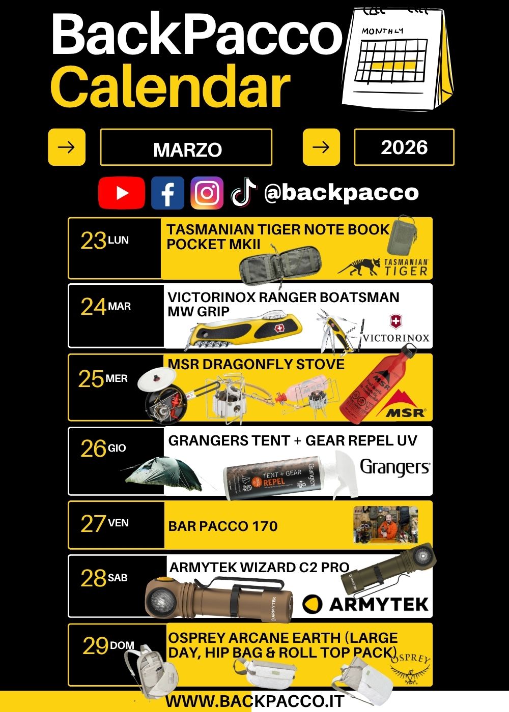 BackPacco Calendar Marzo 2026 infografica settimanale con prodotti outdoor Tasmanian Tiger Note Book Pocket MKII, Victorinox Ranger Boatsman MW Grip, MSR DragonFly Stove, Grangers Tent Gear Repel UV, Bar Pacco 170, Armytek Wizard C2 Pro e collezione Osprey Arcane Earth per avventura e trekking.