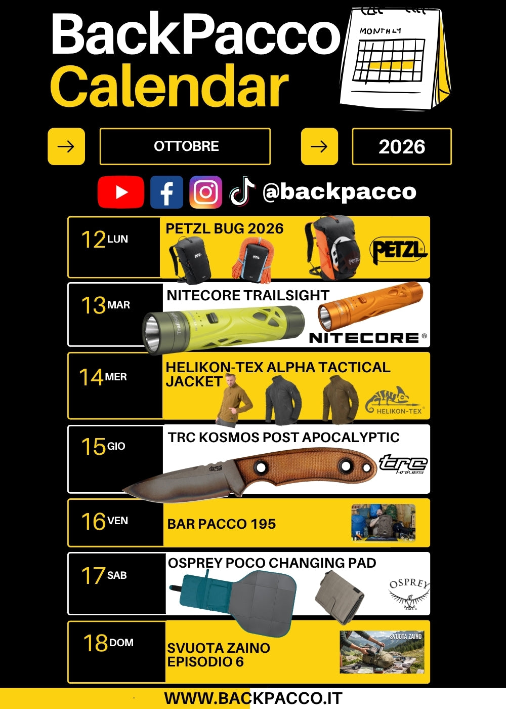 BackPacco Calendar Ottobre 2026 Grafica promozionale con programmazione settimanale Petzl Bug, torce Nitecore Trailsight, giacche Helikon-Tex Alpha Tactical, coltello TRC Kosmos Post Apocalyptic, Osprey Poco Changing Pad e uscite video Bar Pacco e Svuota Zaino