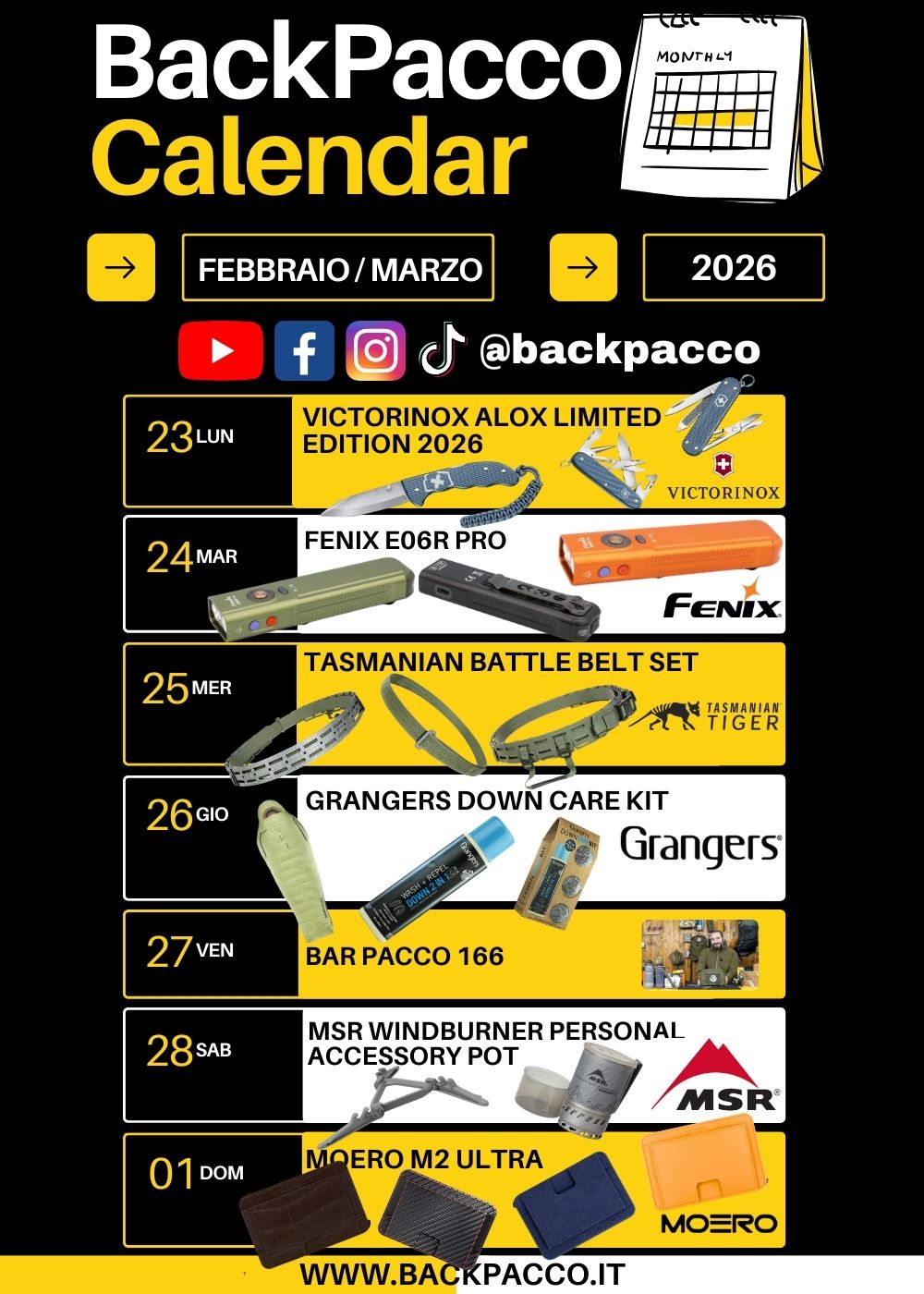Bar Pacco 166 appuntamento video community. MSR WindBurner Personal Accessory Pot pentolino accessorio per sistema di cottura rapida outdoor. Moero M2 Ultra portafoglio slim con protezione RFID e meccanismo di estrazione rapida delle carte. Calendario BackPacco Febbraio Marzo 2026.