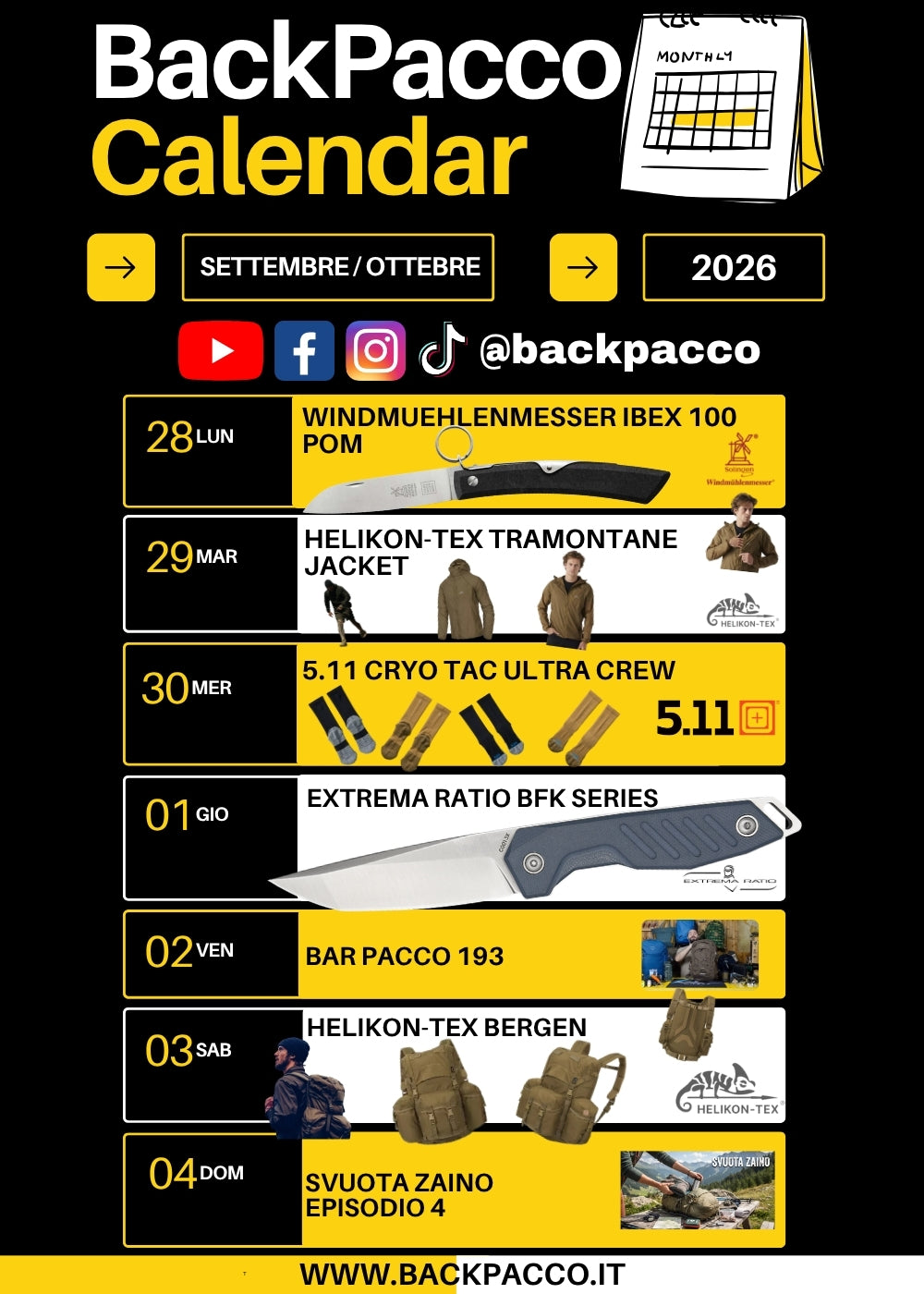 BackPacco Calendar Settembre Ottobre 2026 infografica programmazione uscite ed equipaggiamento outdoor con coltello Windmuehlenmesser Ibex 100 POM, giacca Helikon-Tex Tramontane, calze 5.11 Cryo Tac Ultra Crew, coltello Extrema Ratio BFK Series, zaino Helikon-Tex Bergen, Bar Pacco 193 e Svuota Zaino 4.