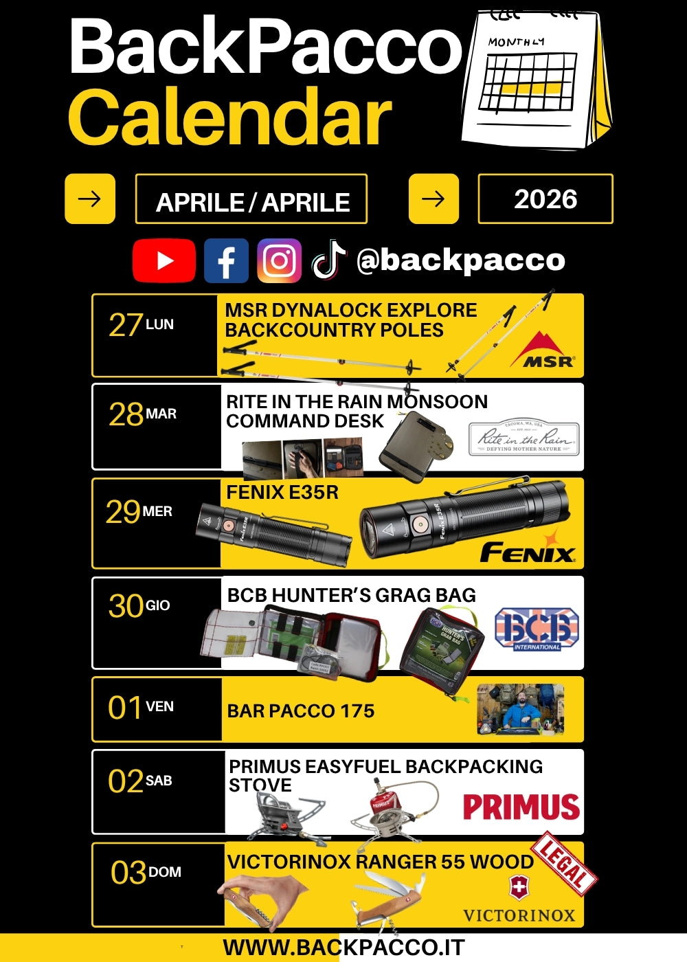 Calendario BackPacco Aprile Maggio 2026 con MSR Dynalock Explore, Rite in the Rain Monsoon, Fenix E35R, BCB Hunter's Grag Bag, Bar Pacco 175, Primus Easyfuel e Victorinox Ranger 55 Wood. Ogni giorno è un'avventura.
